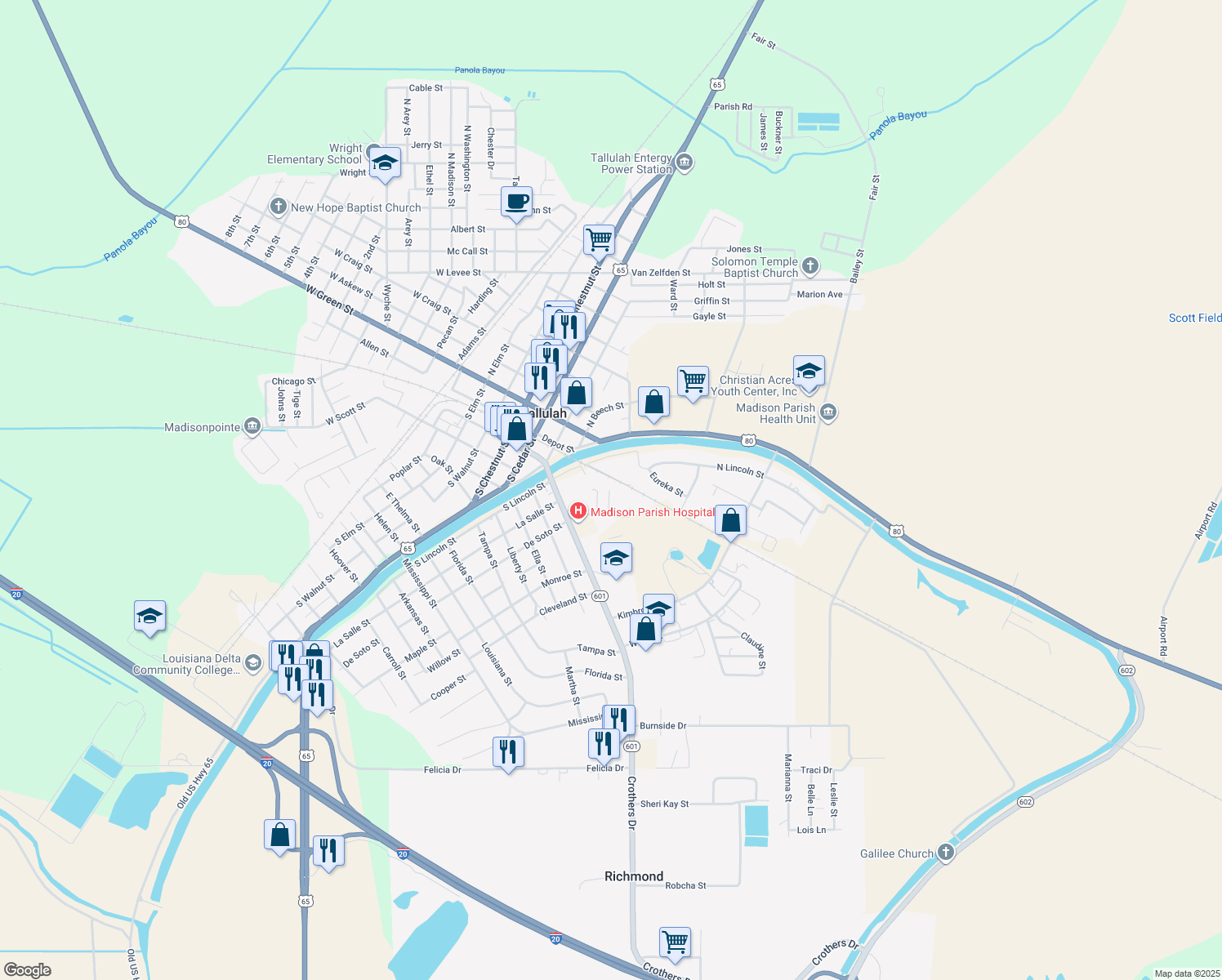 map of restaurants, bars, coffee shops, grocery stores, and more near 198 Fuqua St in Tallulah