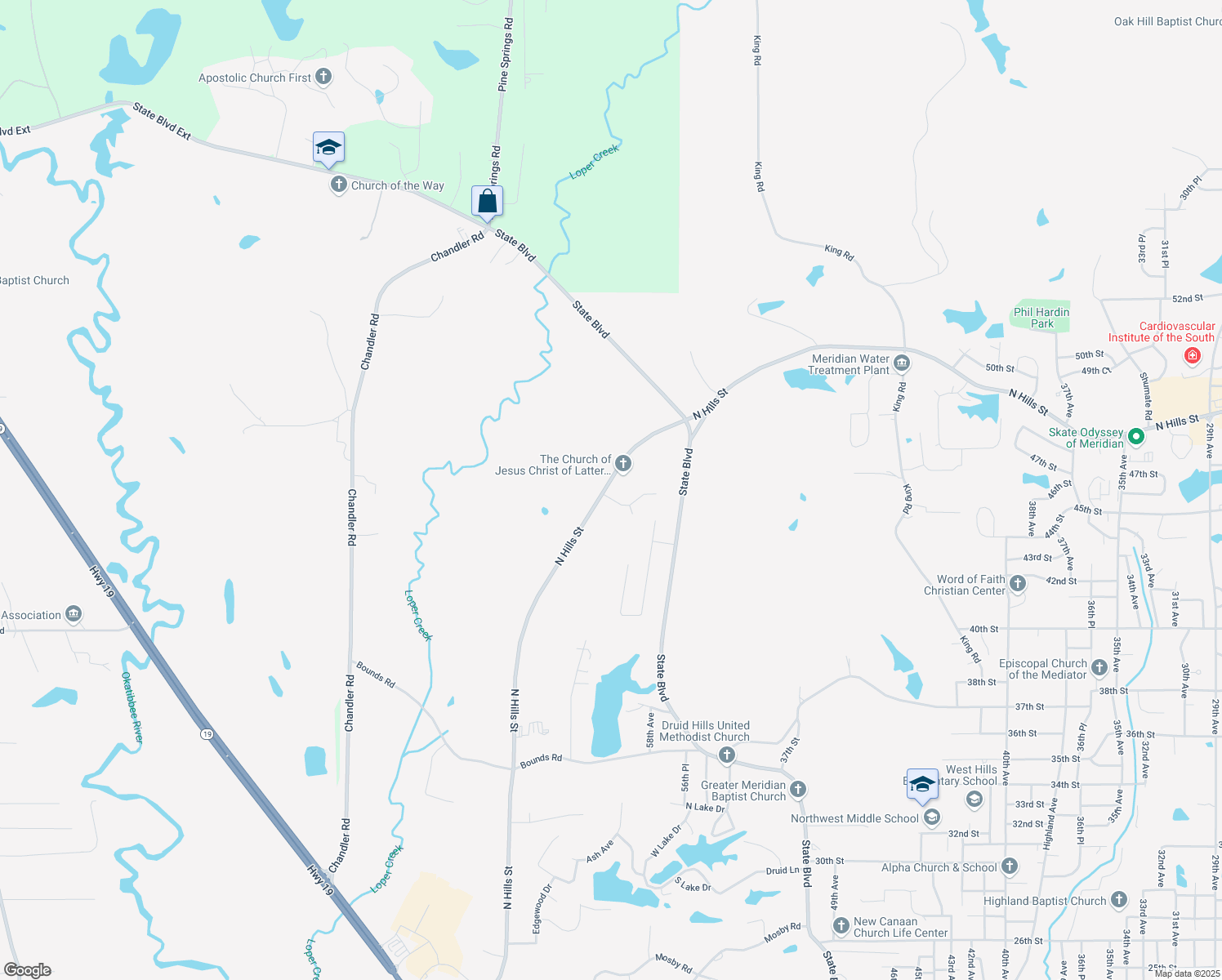 map of restaurants, bars, coffee shops, grocery stores, and more near 5700-6430 North Hills Street in Meridian