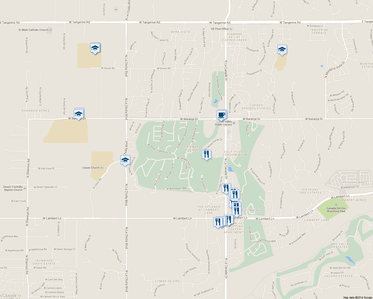 map of restaurants, bars, coffee shops, grocery stores, and more near 10955 North Broadstone Drive in Oro Valley