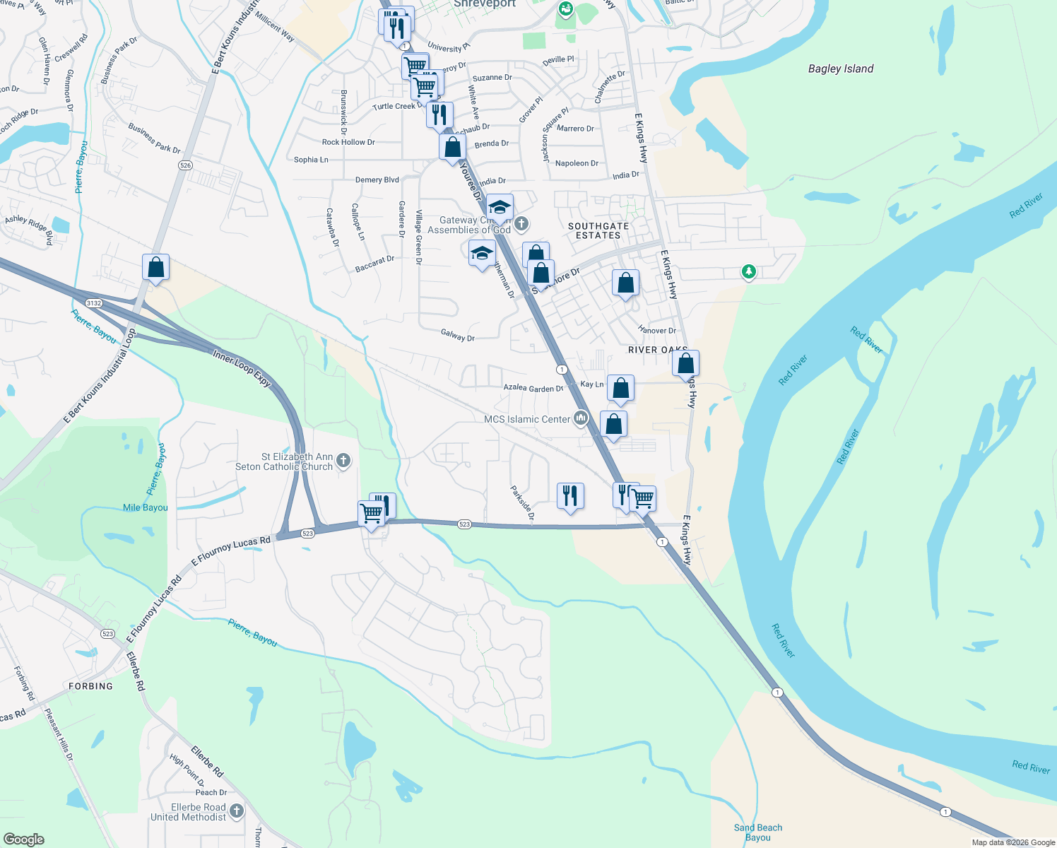map of restaurants, bars, coffee shops, grocery stores, and more near 849 King Pl in Shreveport
