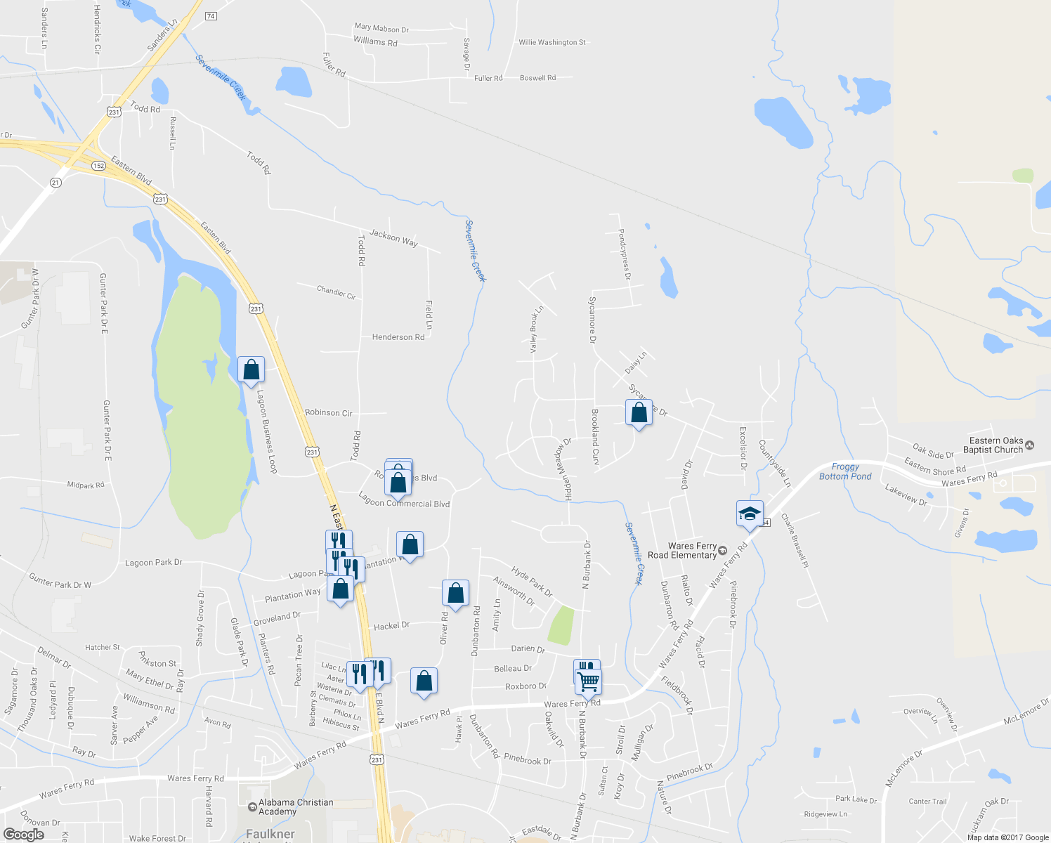map of restaurants, bars, coffee shops, grocery stores, and more near 1219 Sandlewood Drive in Montgomery