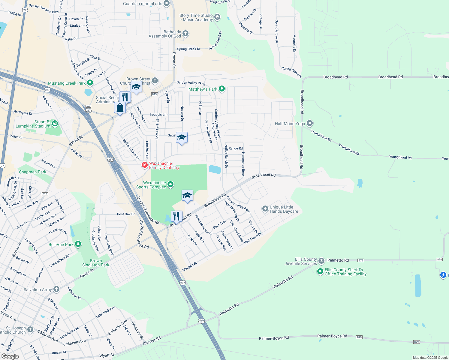 map of restaurants, bars, coffee shops, grocery stores, and more near 109 Valley Ranch Drive in Waxahachie