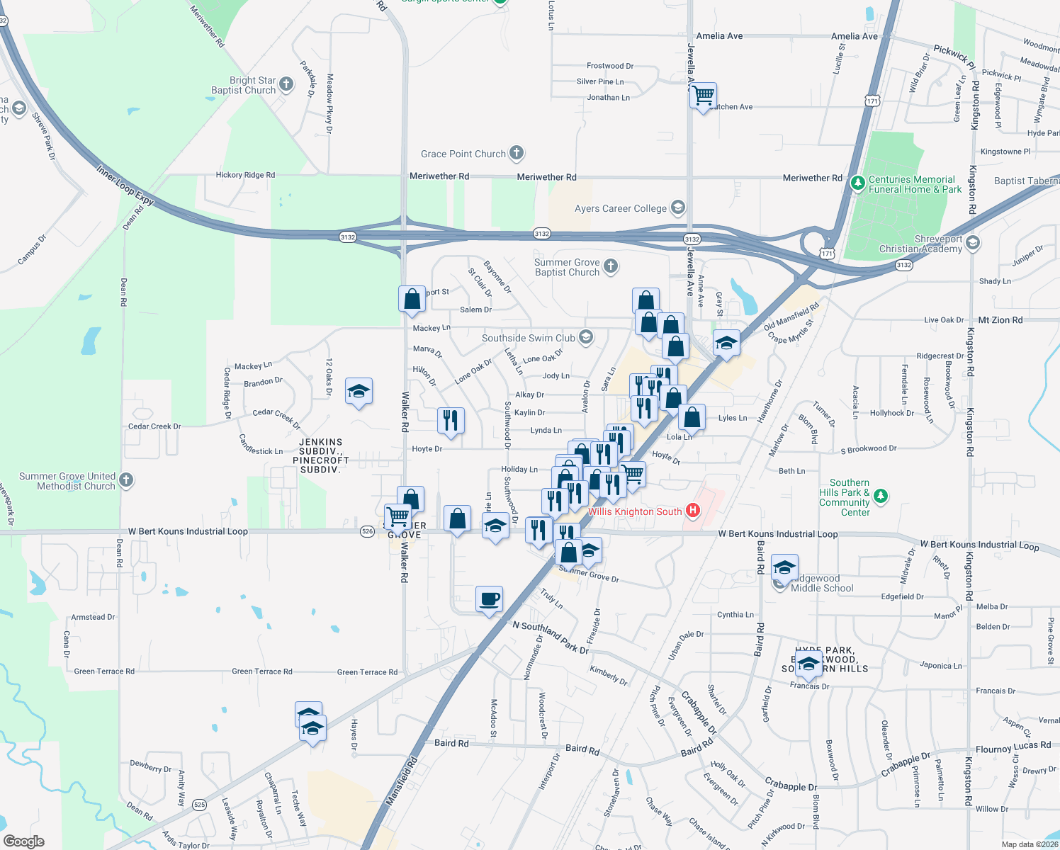 map of restaurants, bars, coffee shops, grocery stores, and more near 2852 Lynda Ln in Shreveport