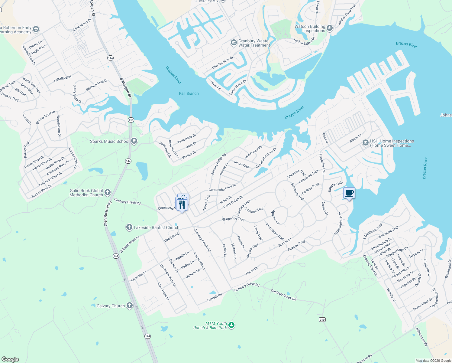 map of restaurants, bars, coffee shops, grocery stores, and more near 3611 Broken Bow Drive in Granbury