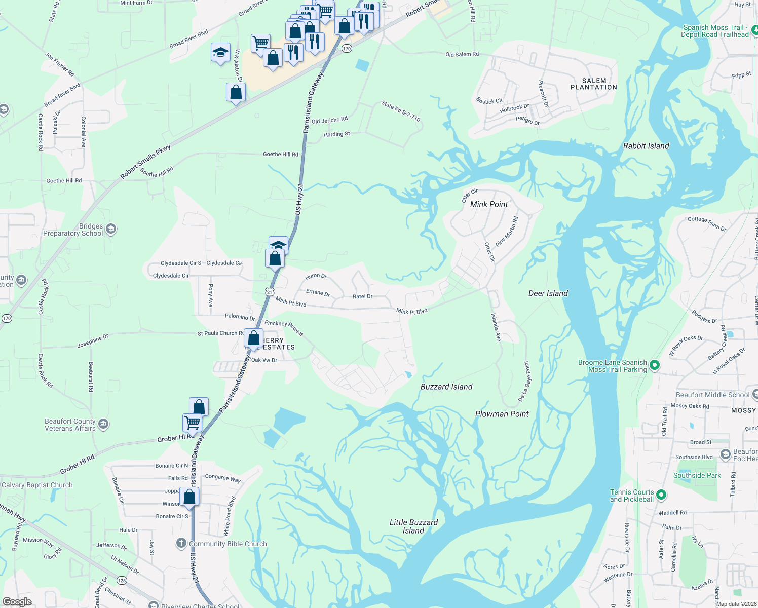 map of restaurants, bars, coffee shops, grocery stores, and more near 3010 Mink Point Boulevard in Beaufort