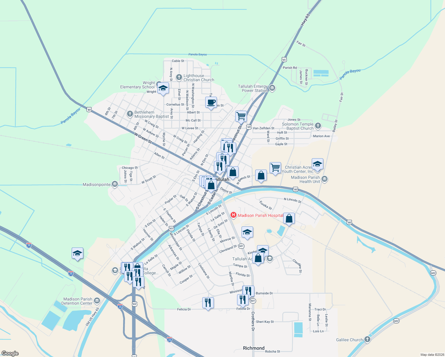 map of restaurants, bars, coffee shops, grocery stores, and more near 208 North Cedar Street in Tallulah