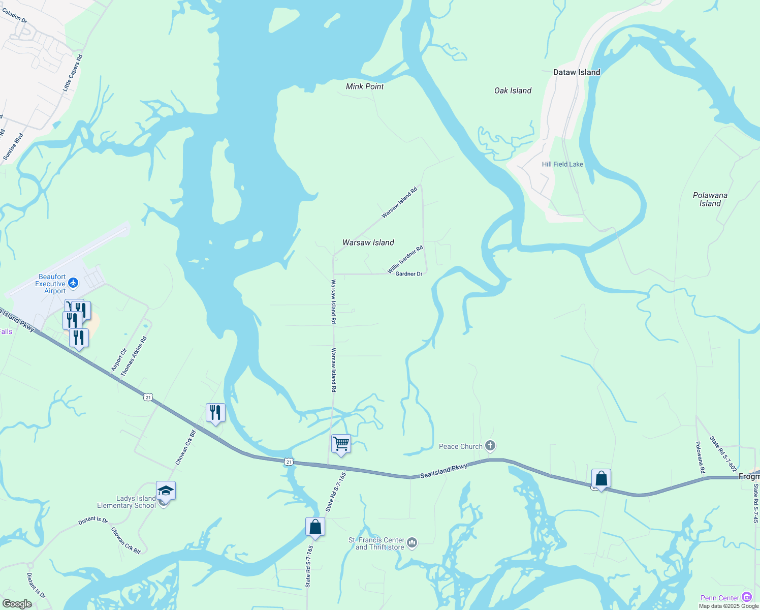 map of restaurants, bars, coffee shops, grocery stores, and more near 50 Gardner Drive in Saint Helena Island