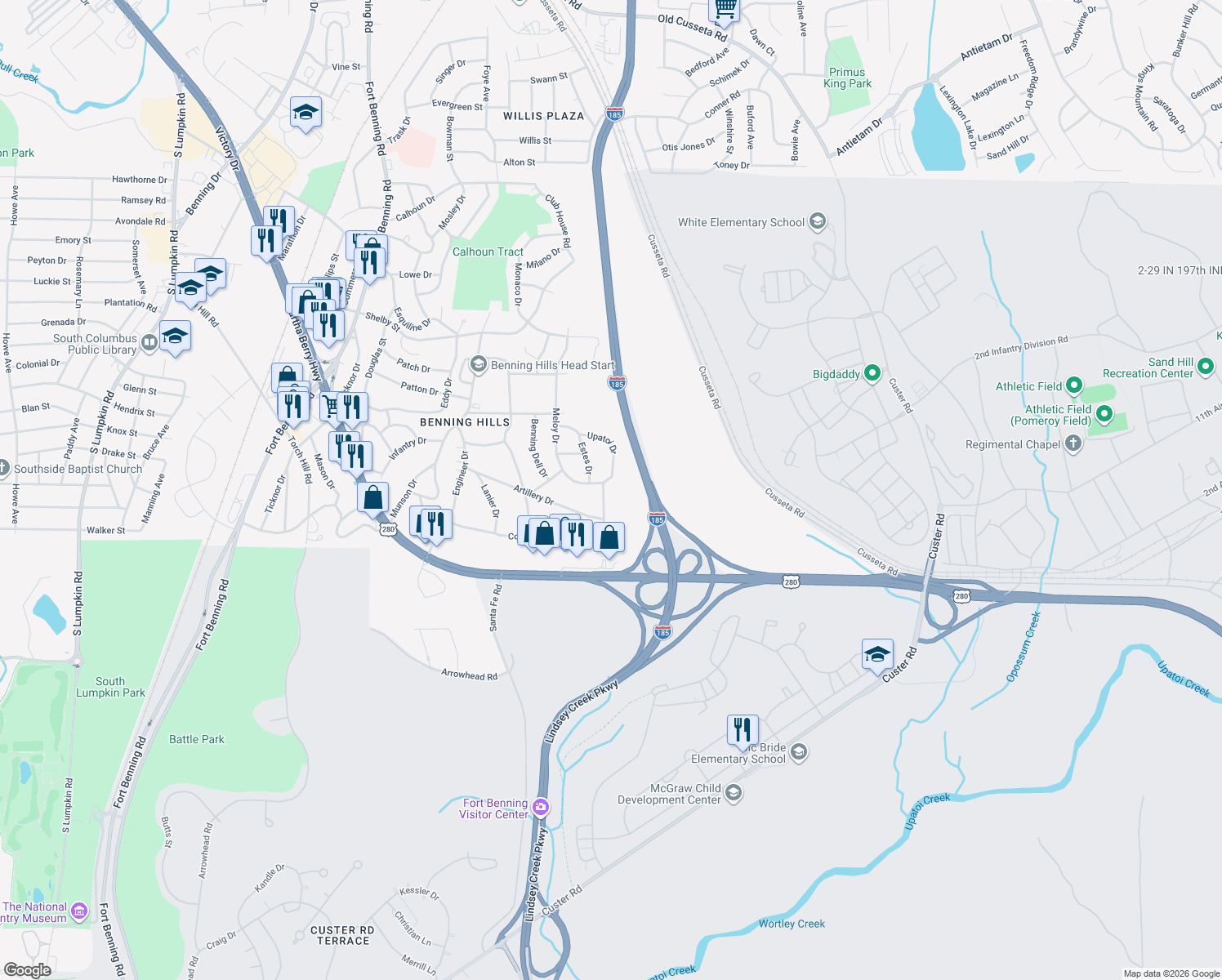 map of restaurants, bars, coffee shops, grocery stores, and more near 262 Robert E Lee Drive in Columbus