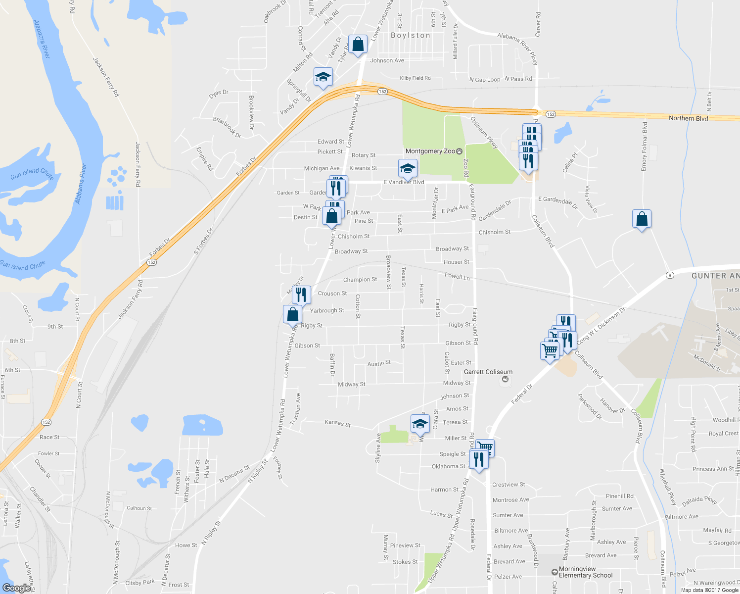 map of restaurants, bars, coffee shops, grocery stores, and more near 1722 Crouson St in Montgomery