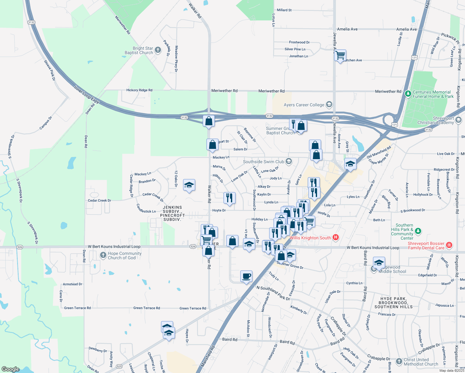 map of restaurants, bars, coffee shops, grocery stores, and more near 9010 Marva Drive in Shreveport