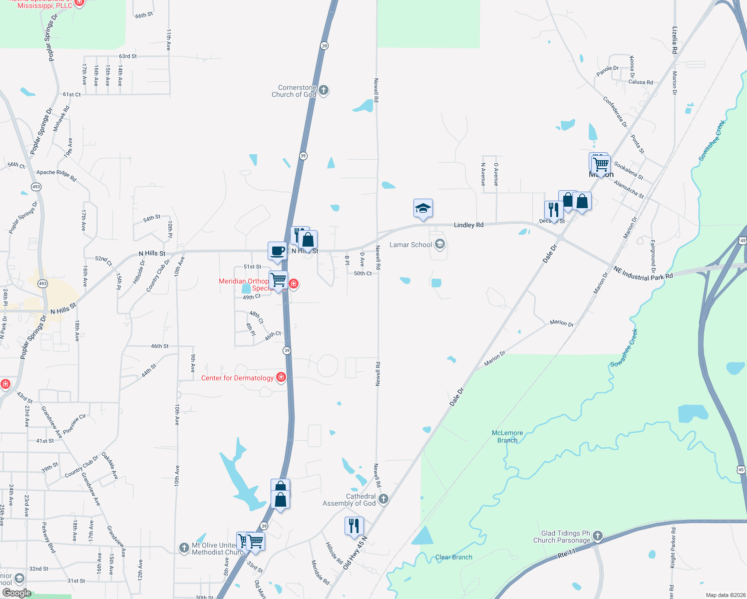 map of restaurants, bars, coffee shops, grocery stores, and more near 4905 Newell Rd in Meridian