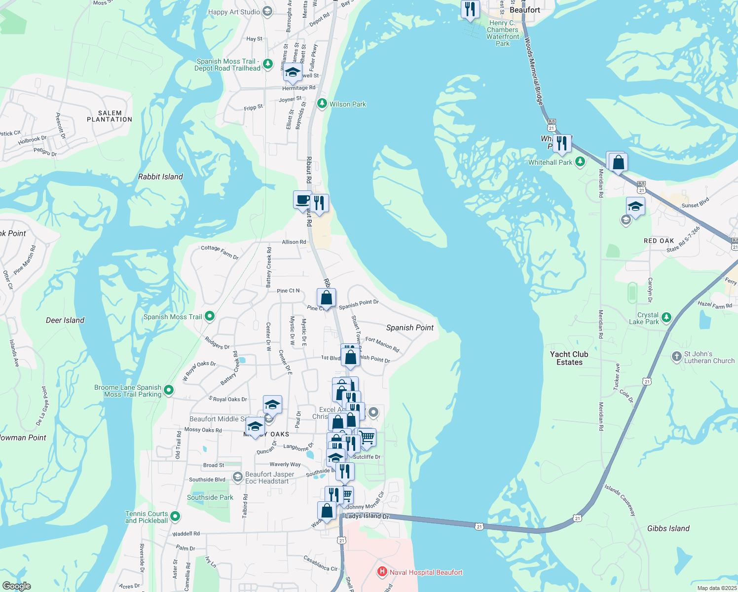 map of restaurants, bars, coffee shops, grocery stores, and more near 45 Stuart Town Ct in Beaufort