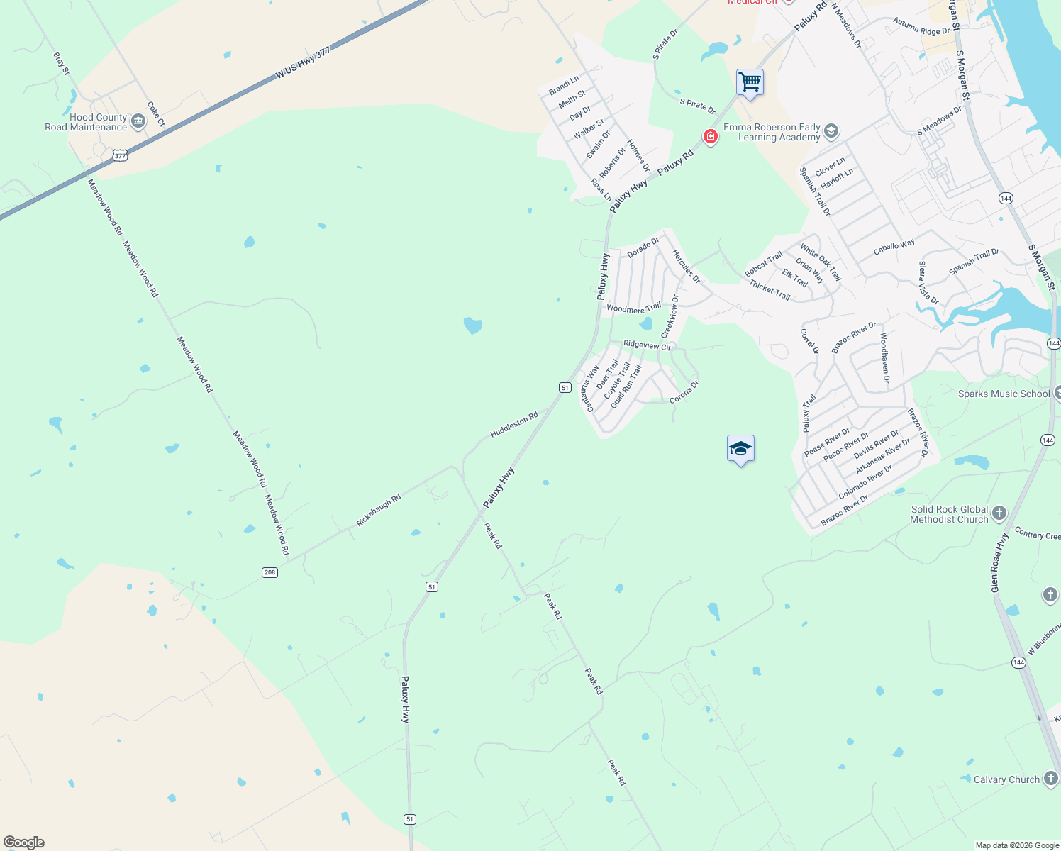 map of restaurants, bars, coffee shops, grocery stores, and more near 2535 Huddleston Road in Granbury