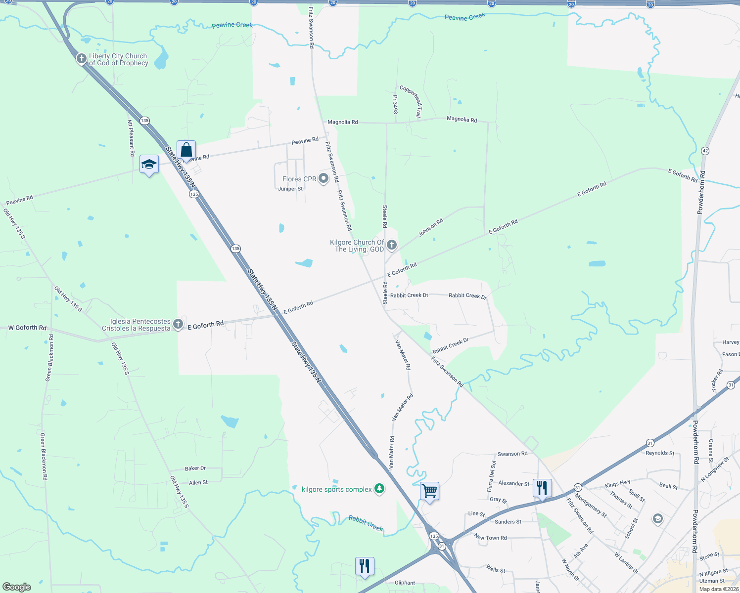 map of restaurants, bars, coffee shops, grocery stores, and more near 2506 Fritz Swanson Rd in Kilgore