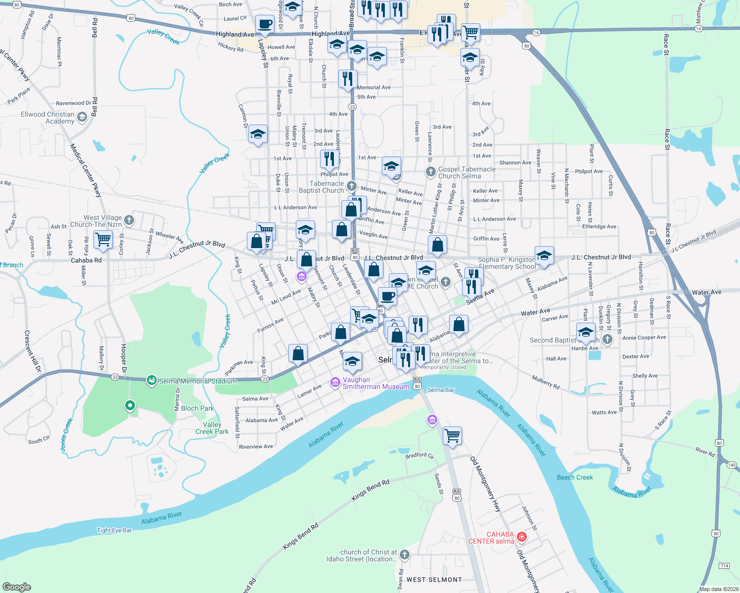 map of restaurants, bars, coffee shops, grocery stores, and more near 437 Broad Street in Selma