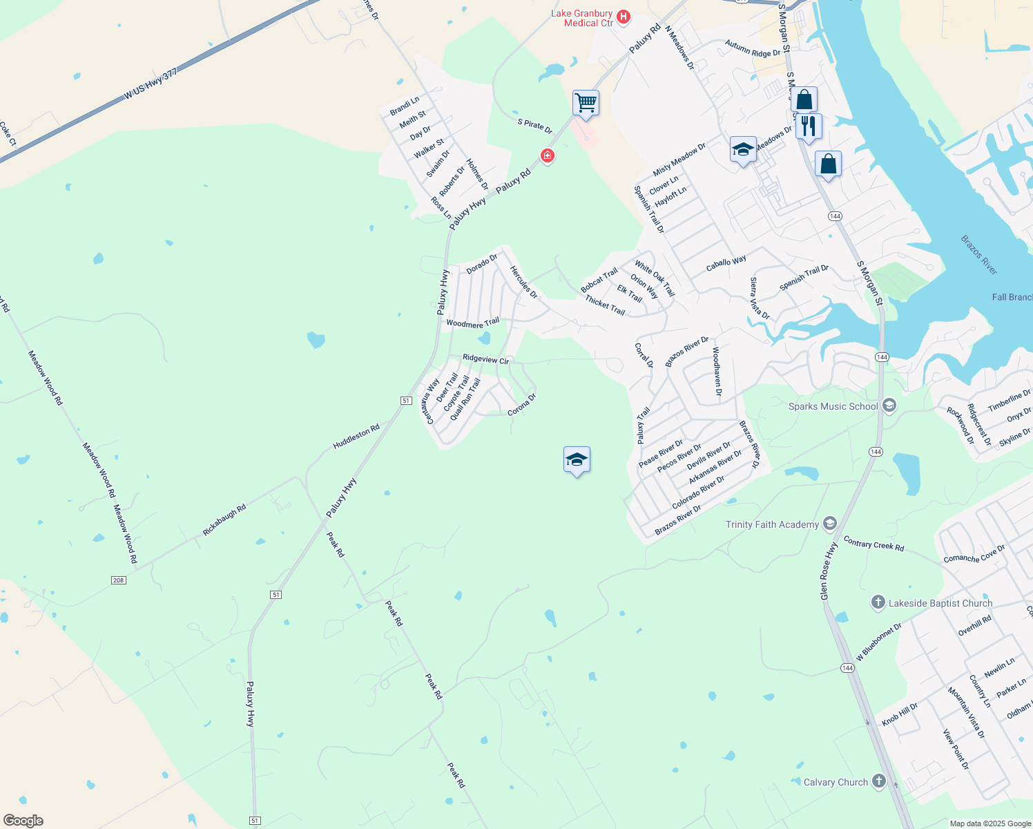 map of restaurants, bars, coffee shops, grocery stores, and more near 2700 Stellar Court in Granbury