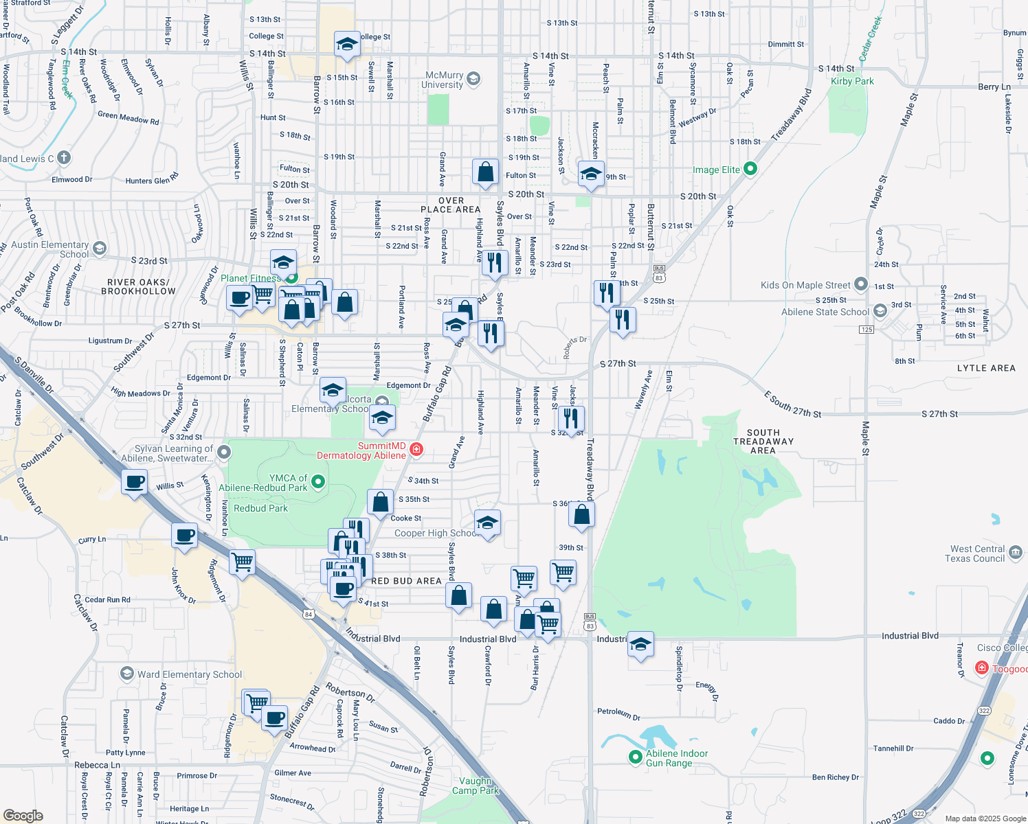 map of restaurants, bars, coffee shops, grocery stores, and more near 3026 Amarillo Street in Abilene