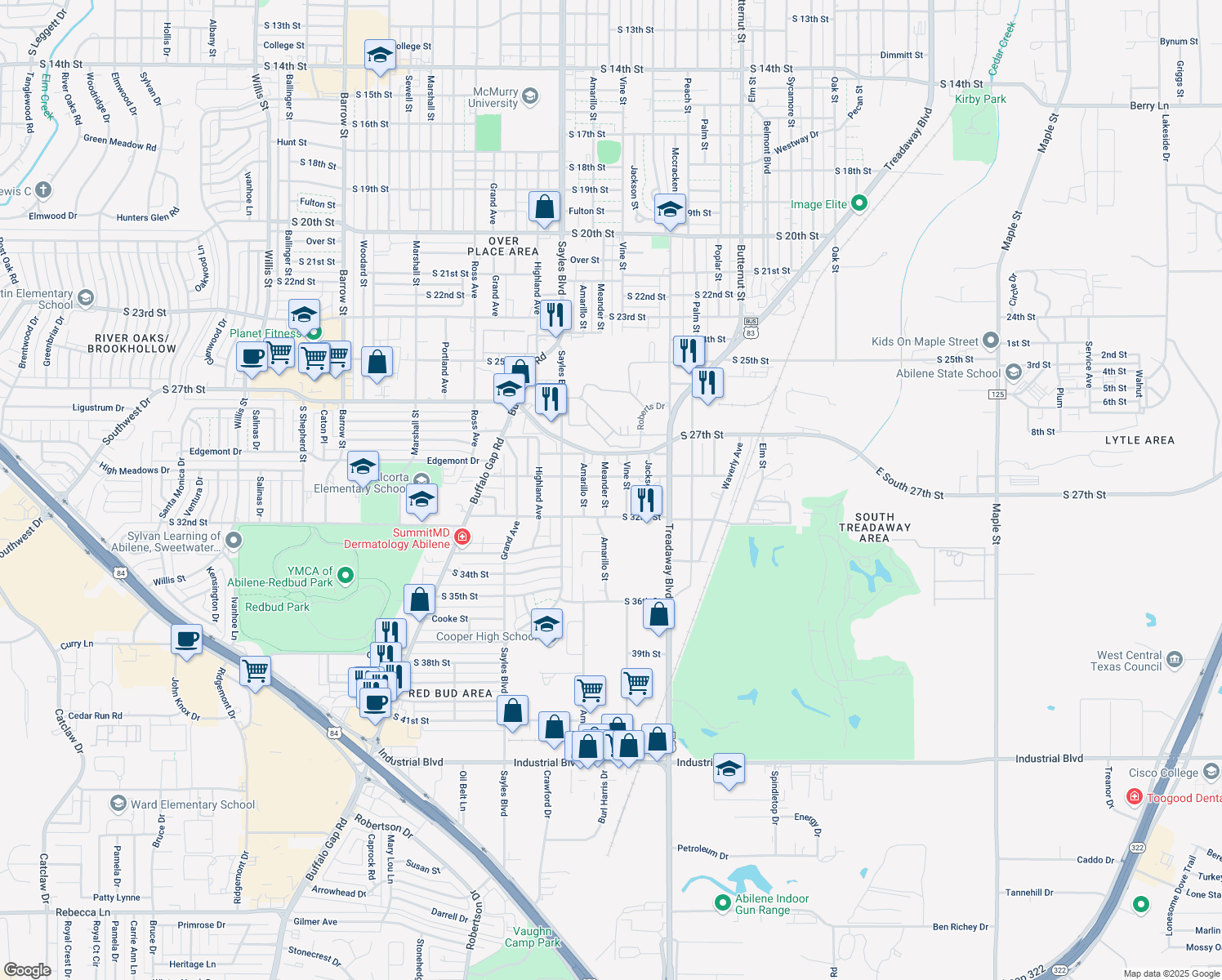 map of restaurants, bars, coffee shops, grocery stores, and more near 3025 Meander Street in Abilene