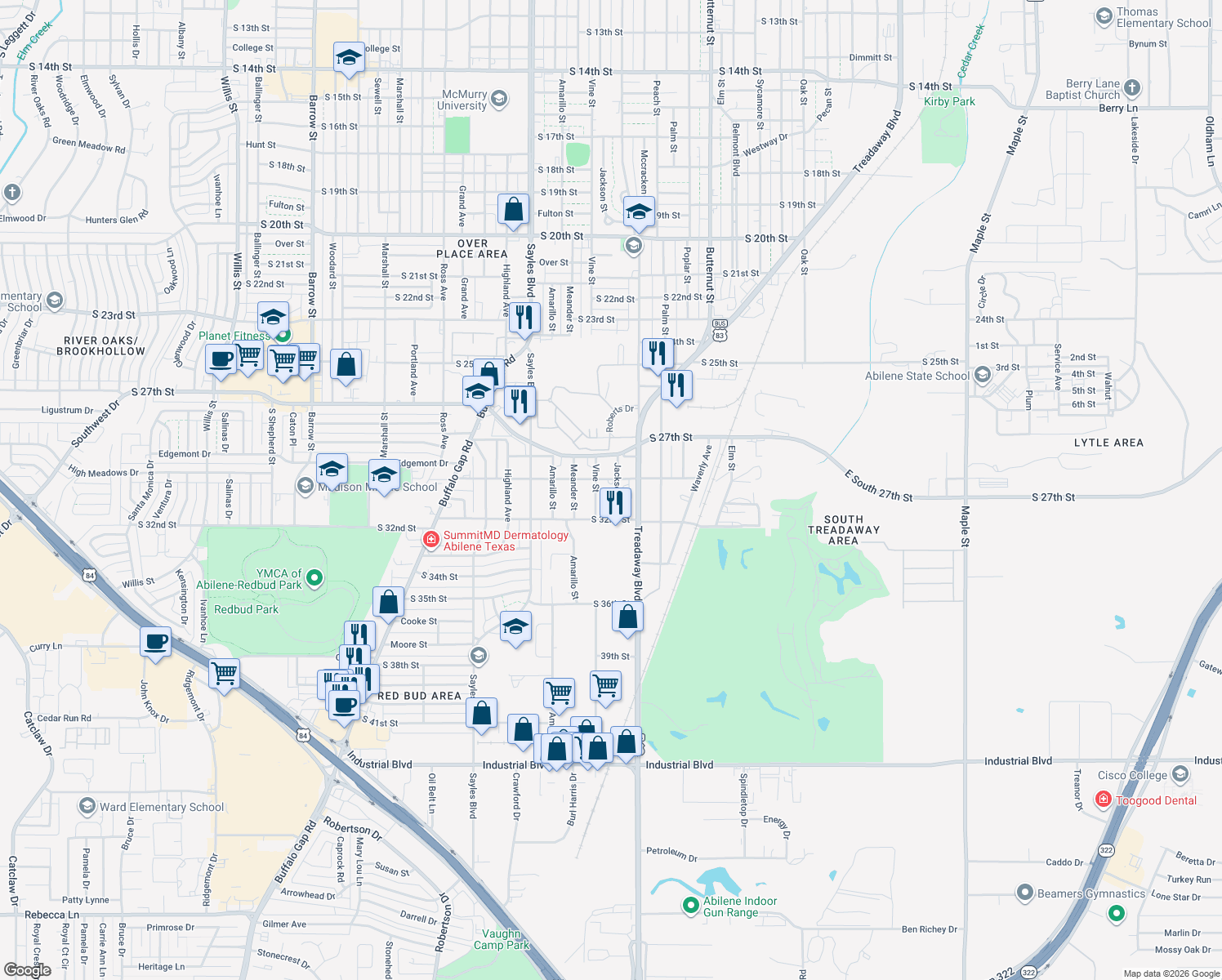 map of restaurants, bars, coffee shops, grocery stores, and more near 1701 Edgemont Drive in Abilene