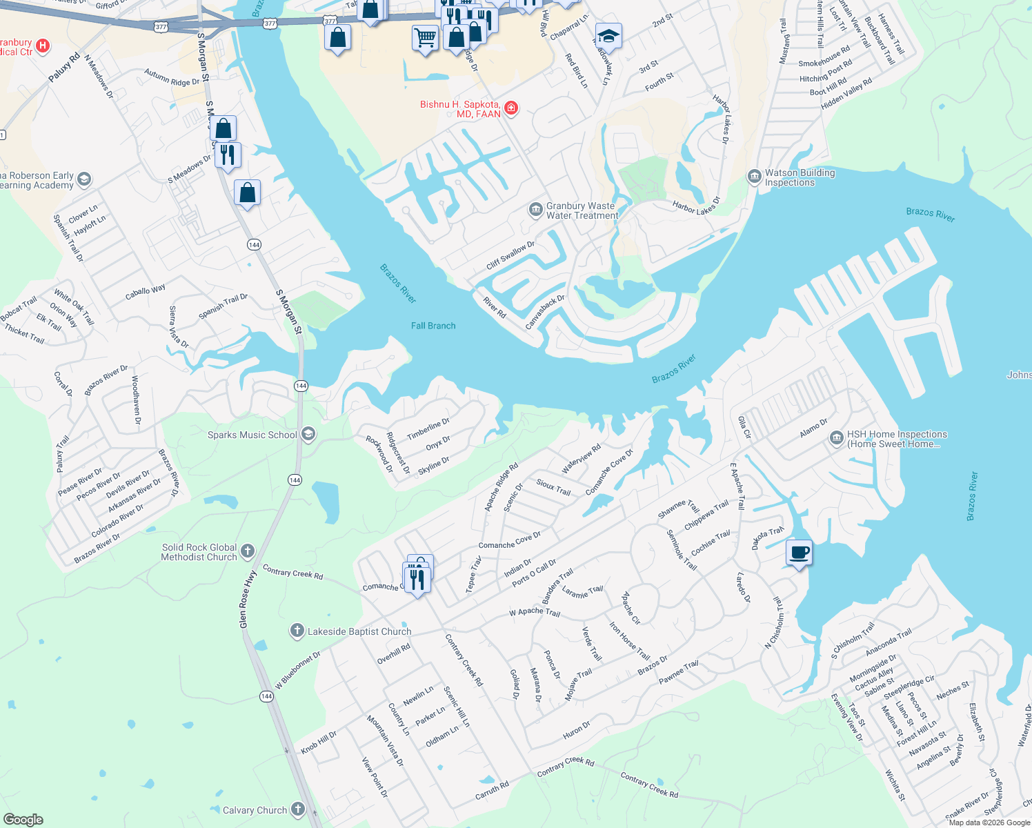 map of restaurants, bars, coffee shops, grocery stores, and more near 710 Rock Harbor Court in Granbury