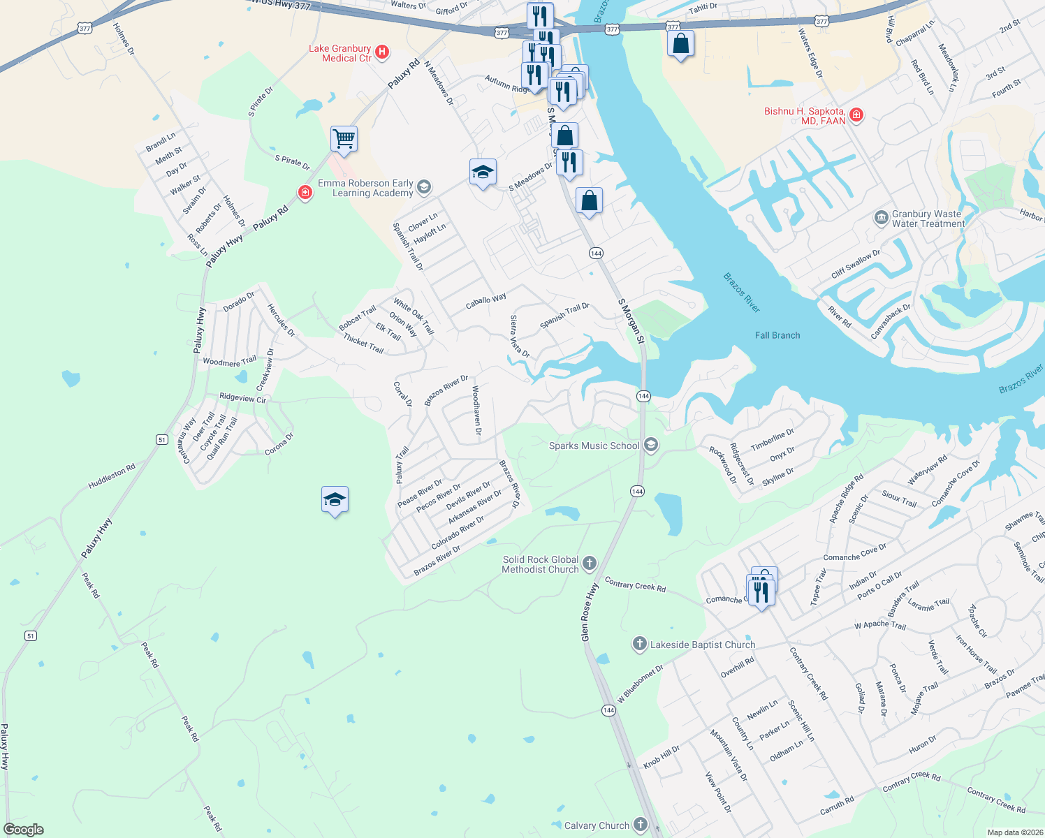 map of restaurants, bars, coffee shops, grocery stores, and more near 409 Heritage Trail in Granbury