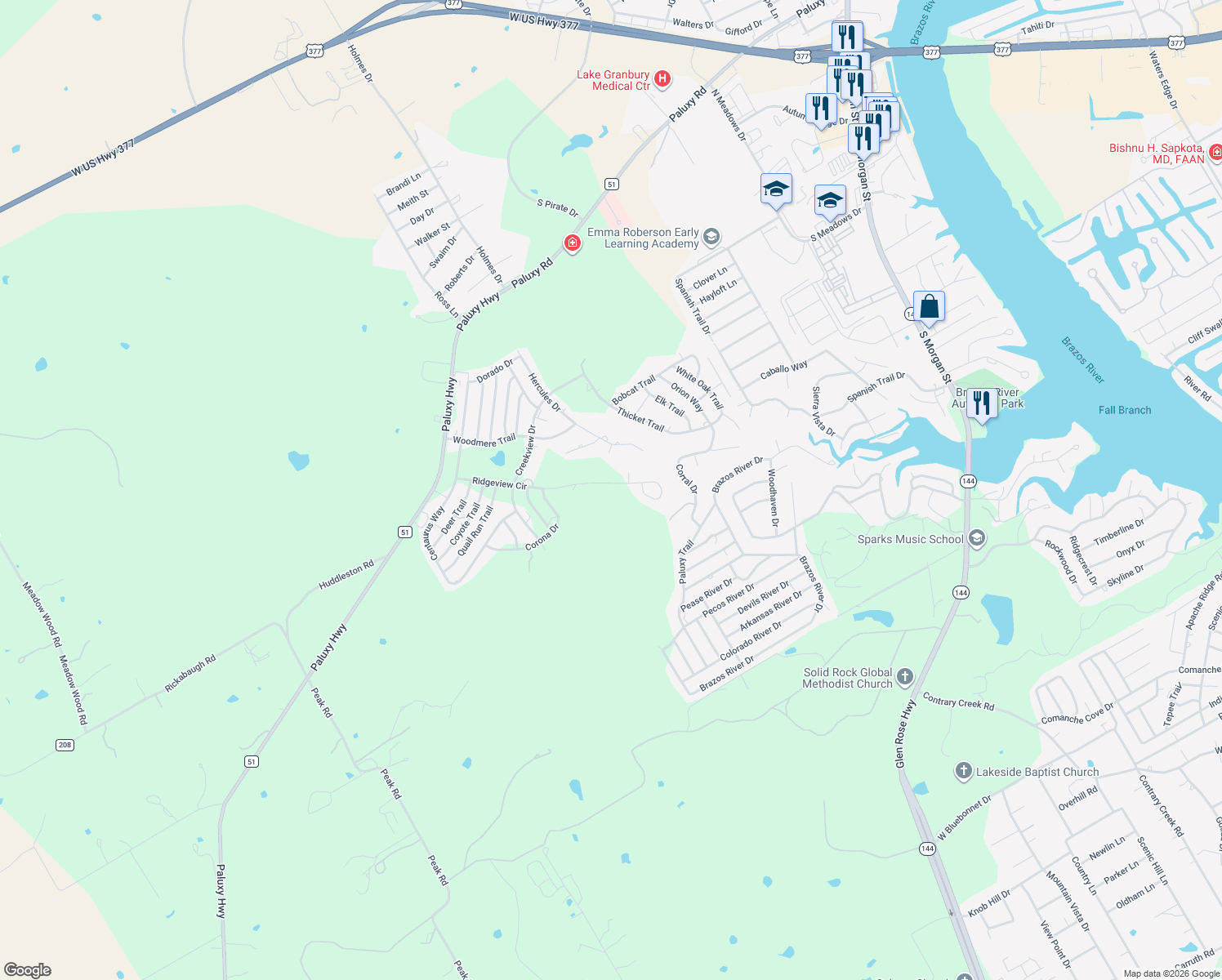 map of restaurants, bars, coffee shops, grocery stores, and more near 1300 Ridgeview Circle in Granbury