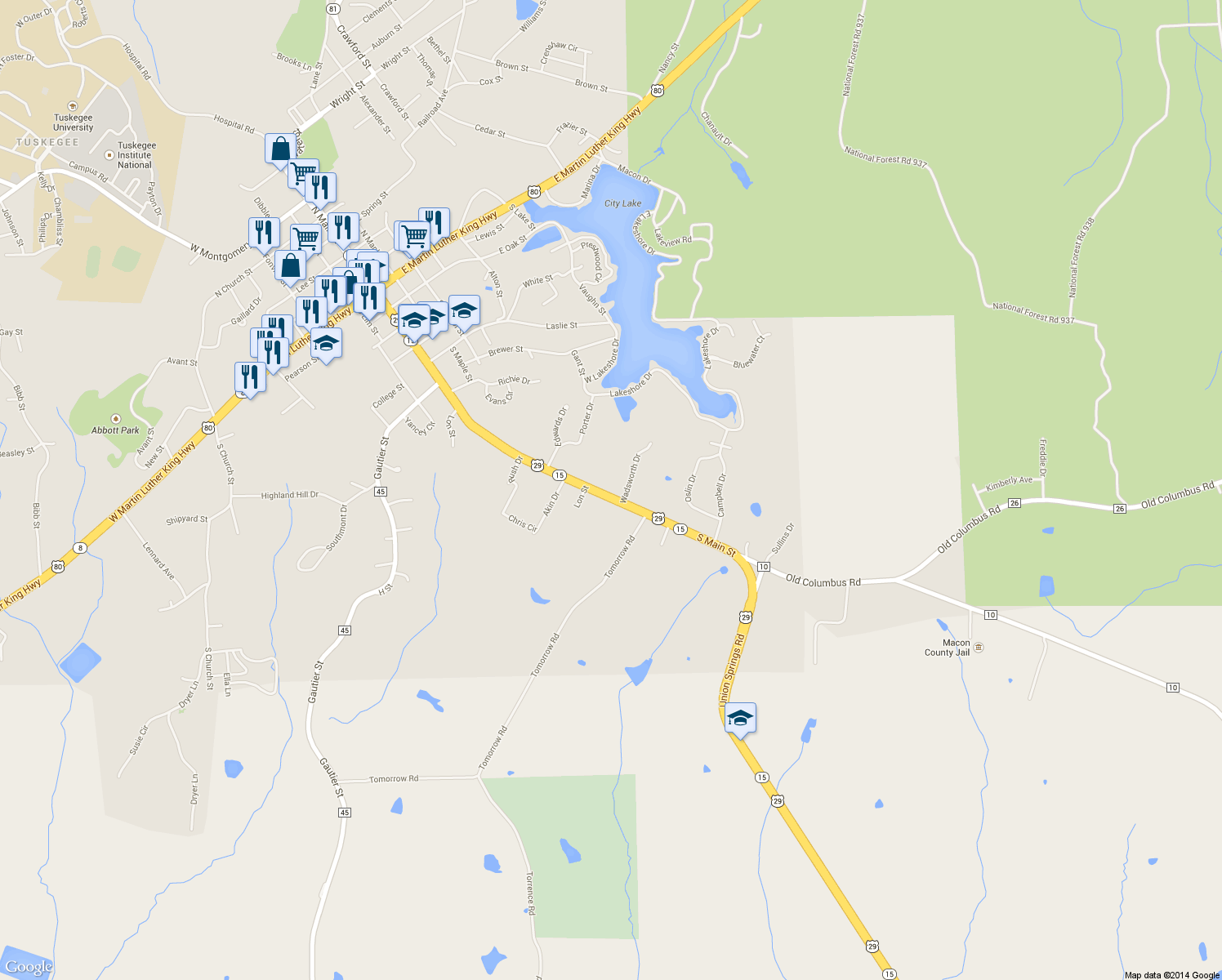 map of restaurants, bars, coffee shops, grocery stores, and more near 1305 South Main Street in Tuskegee
