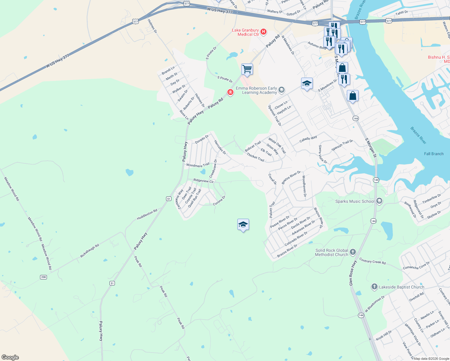 map of restaurants, bars, coffee shops, grocery stores, and more near 1404 Ridgeview Circle in Granbury