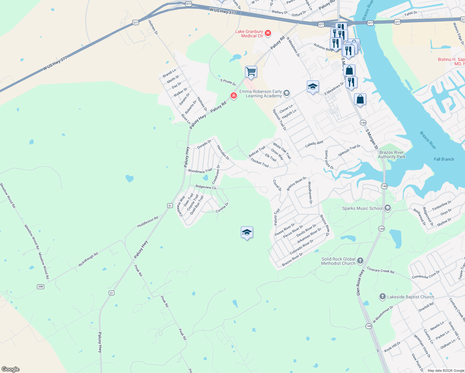 map of restaurants, bars, coffee shops, grocery stores, and more near 1404 Ridgeview Circle in Granbury