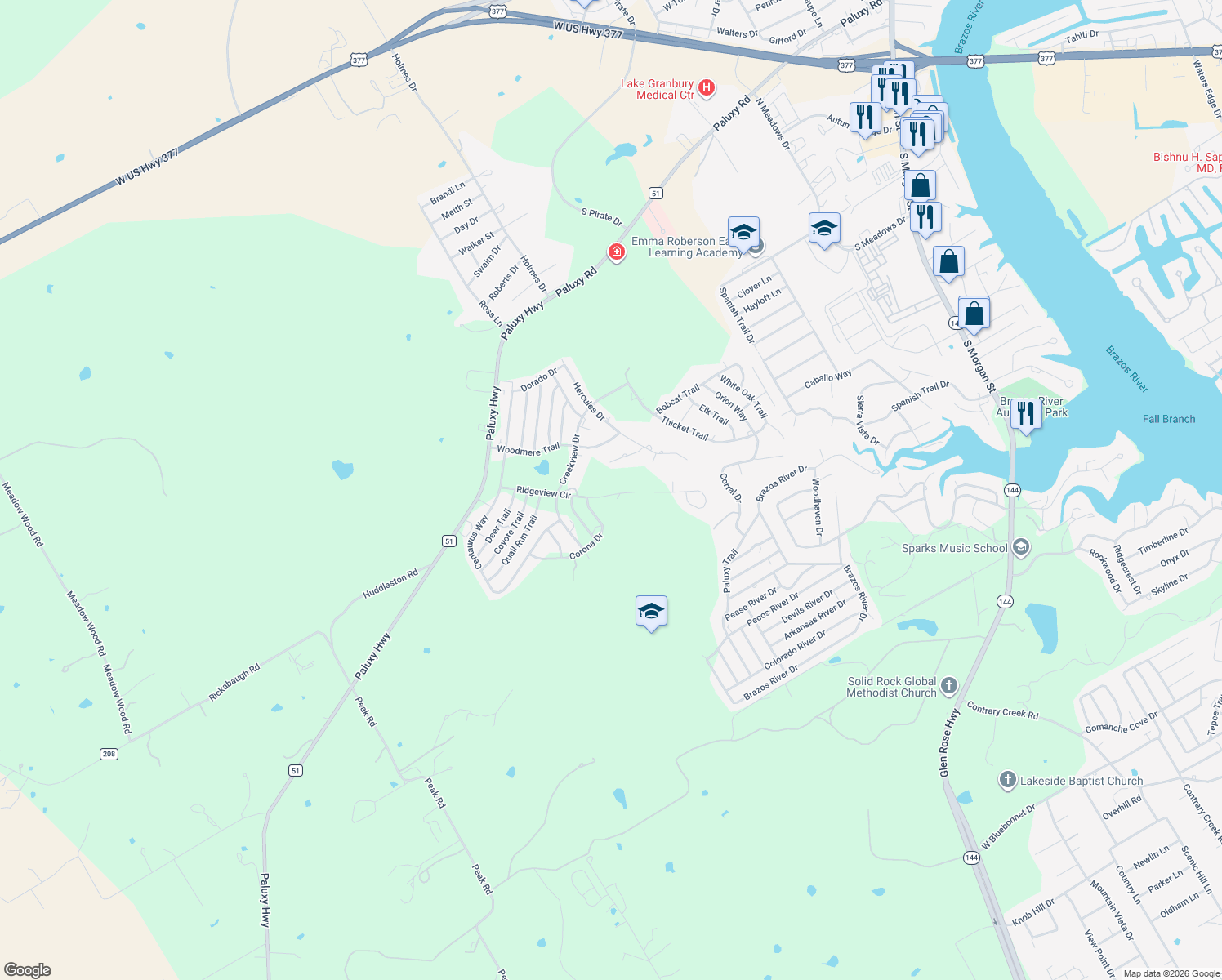 map of restaurants, bars, coffee shops, grocery stores, and more near 1404 Ridgeview Circle in Granbury