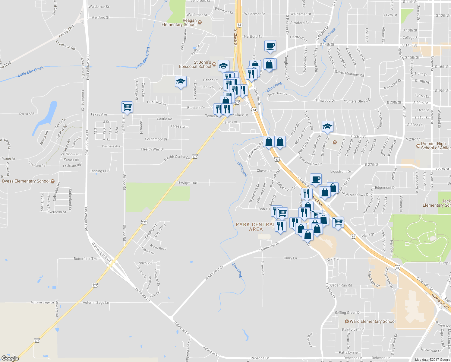 map of restaurants, bars, coffee shops, grocery stores, and more near 5066 Twylight Trail in Abilene