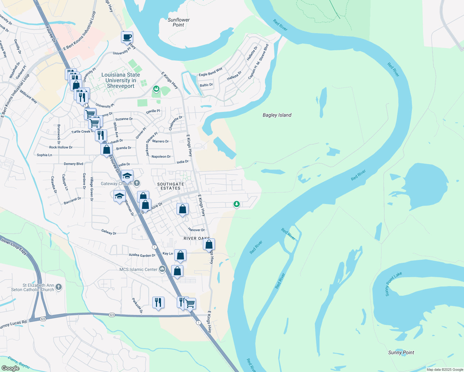 map of restaurants, bars, coffee shops, grocery stores, and more near 9822 Pageant Lane in Shreveport