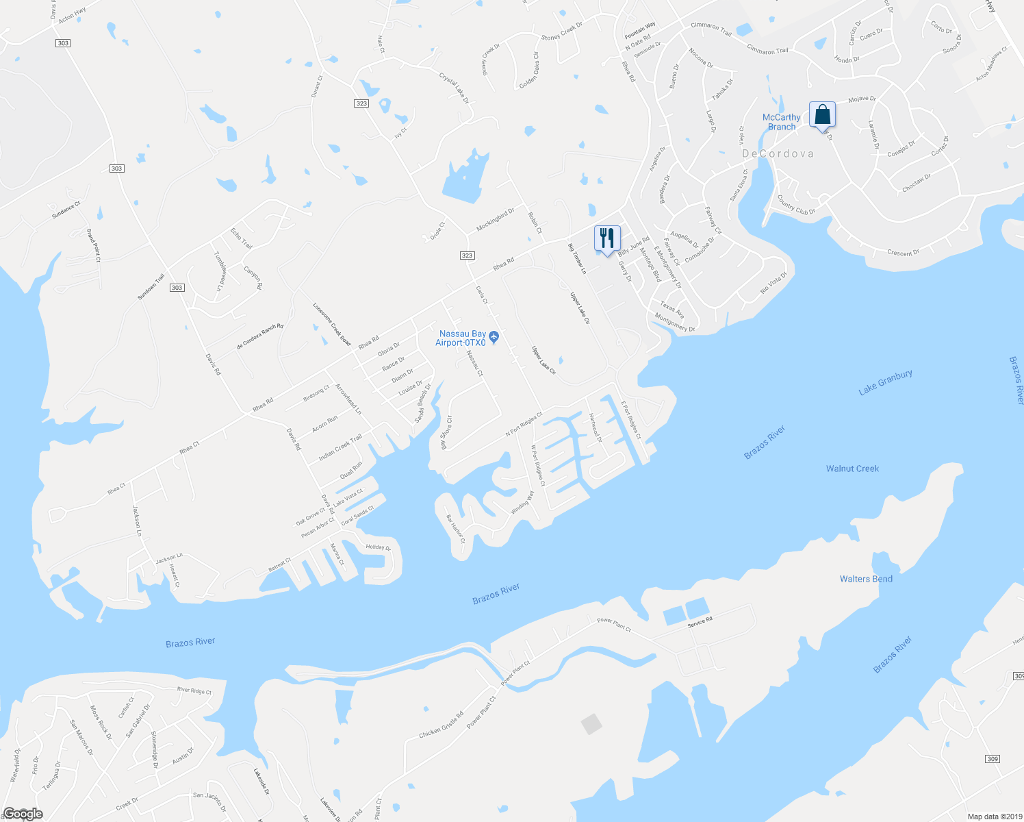 map of restaurants, bars, coffee shops, grocery stores, and more near 3627 Nassau Court in Granbury