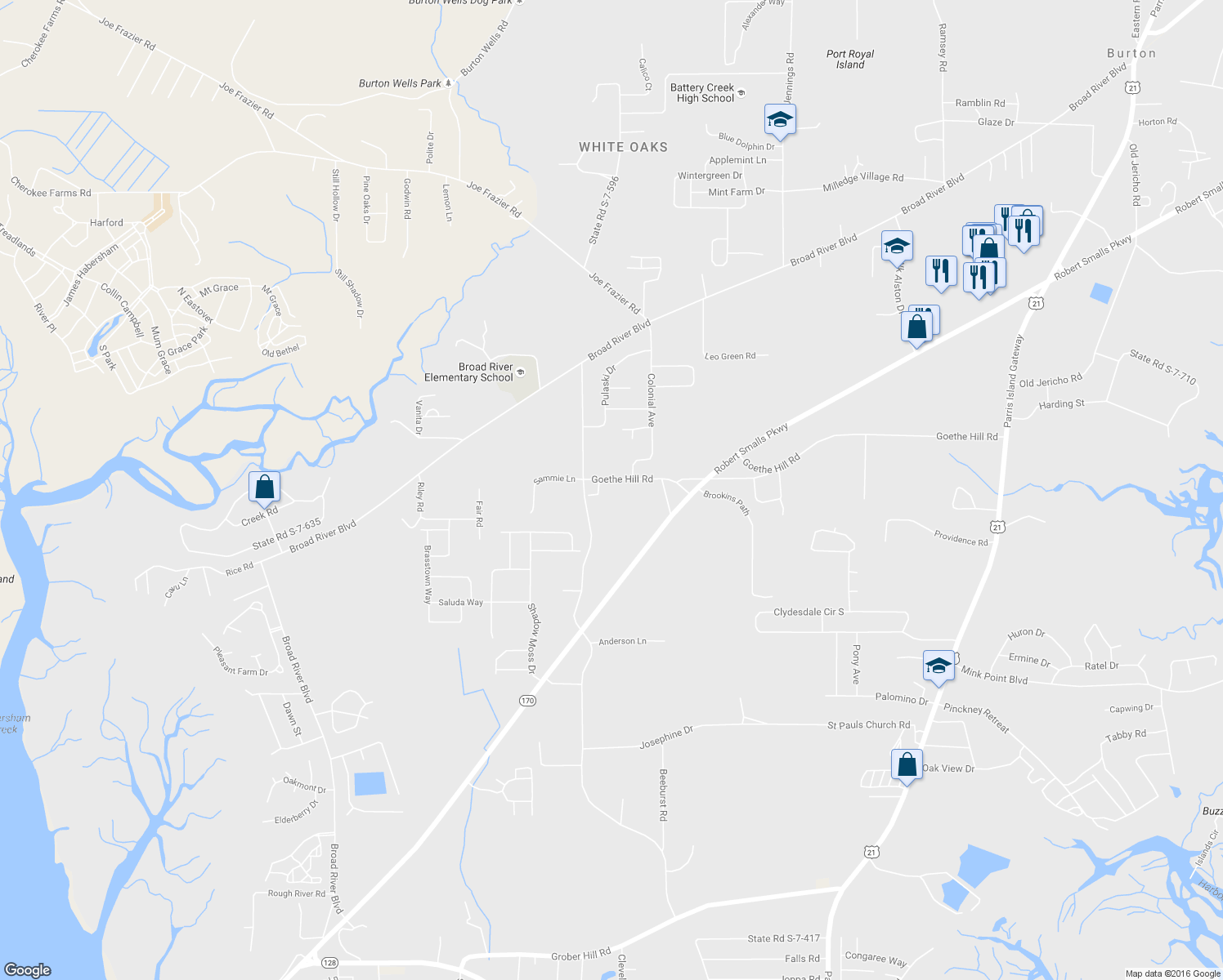 map of restaurants, bars, coffee shops, grocery stores, and more near 207 Goethe Hill Road in Beaufort