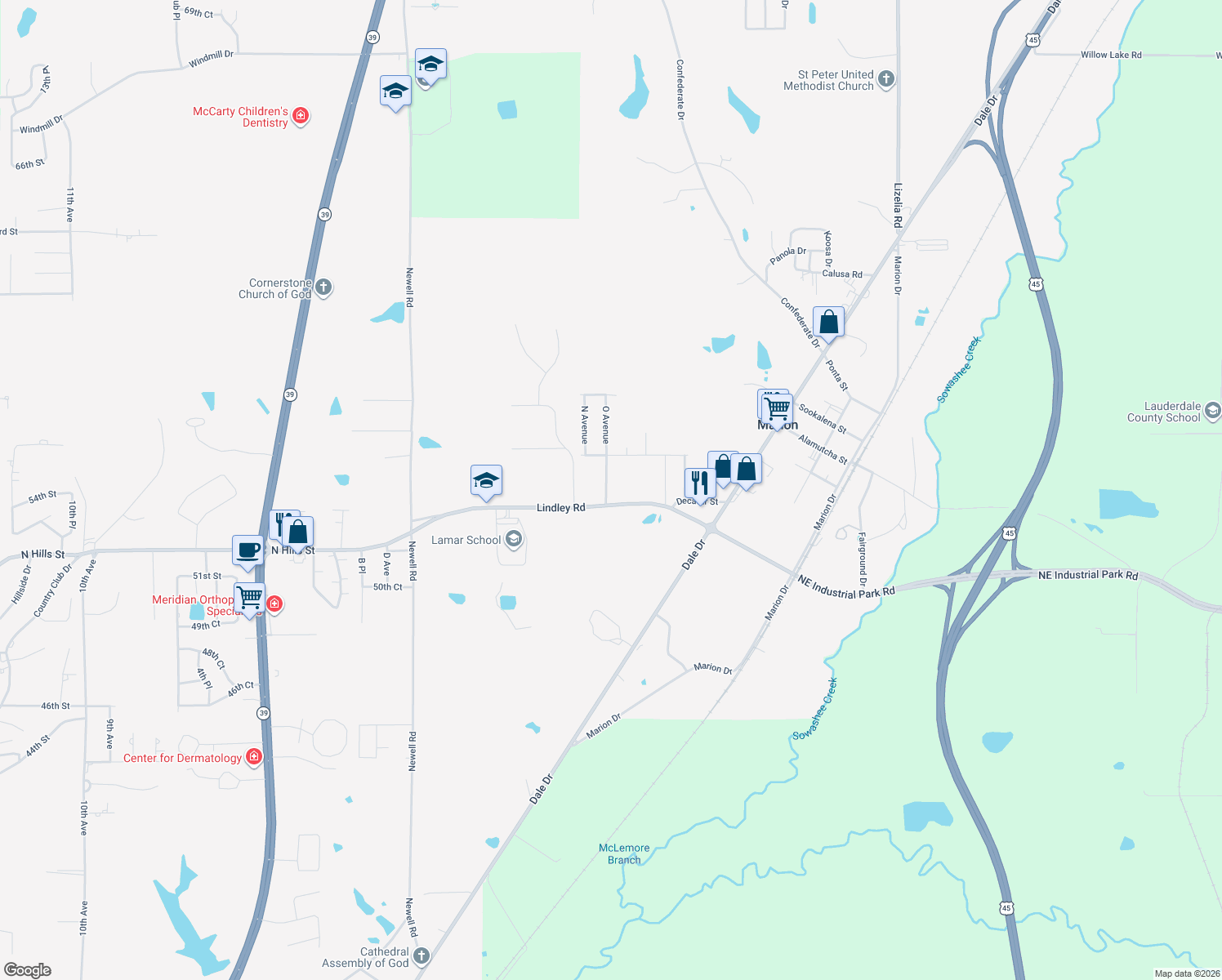 map of restaurants, bars, coffee shops, grocery stores, and more near 5308 Linmoor Drive in Marion