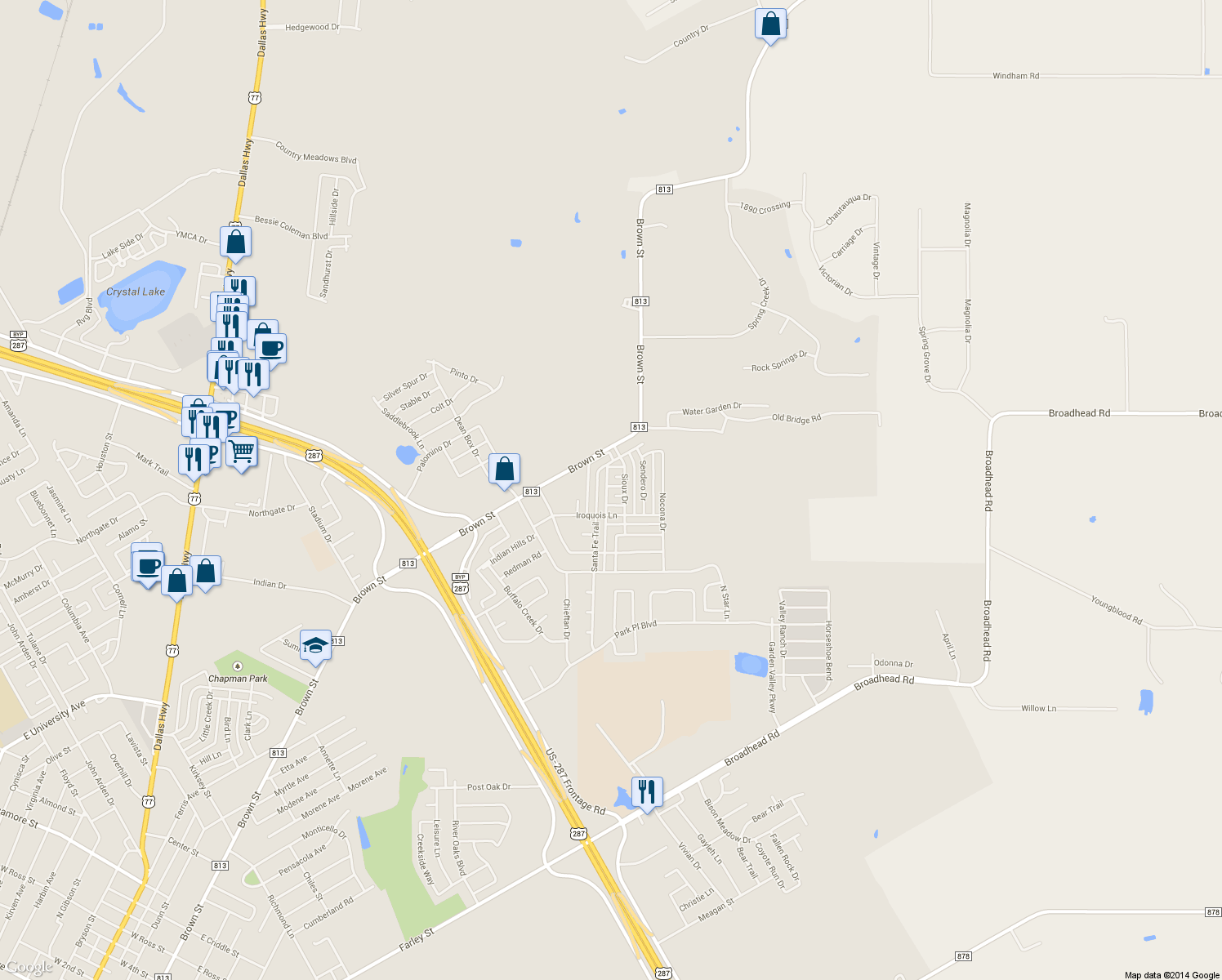 map of restaurants, bars, coffee shops, grocery stores, and more near 300 Sioux Court in Waxahachie