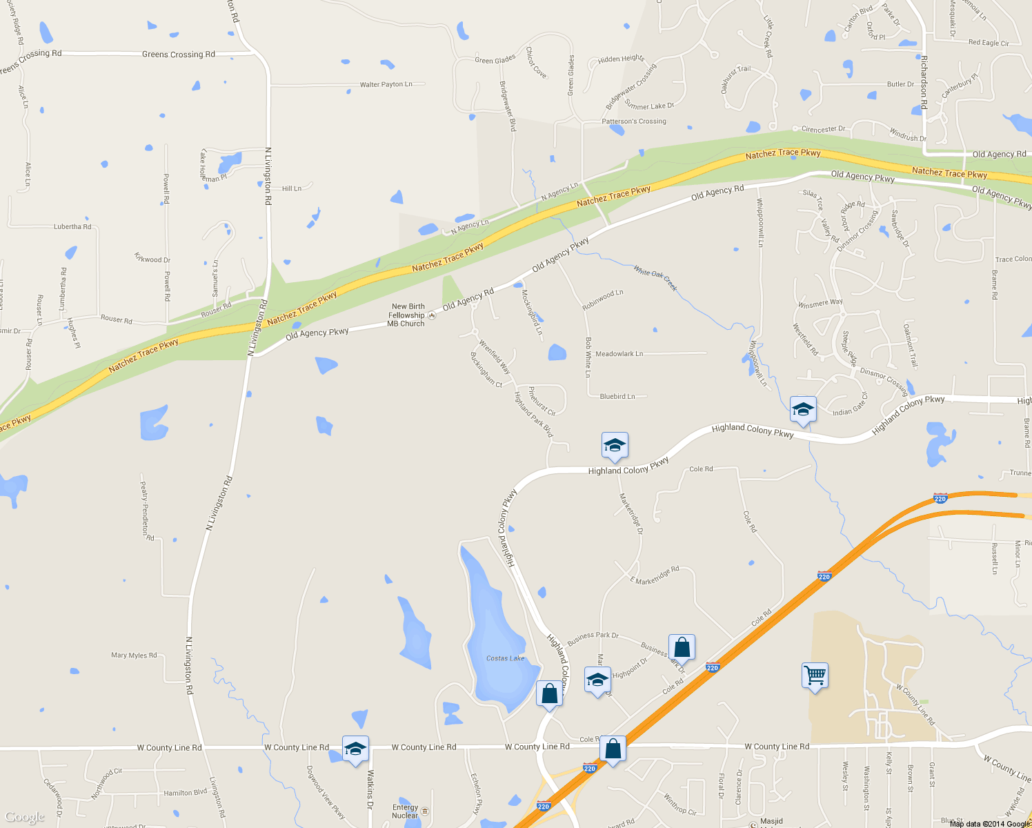 map of restaurants, bars, coffee shops, grocery stores, and more near 309 Highland Park Boulevard in Ridgeland