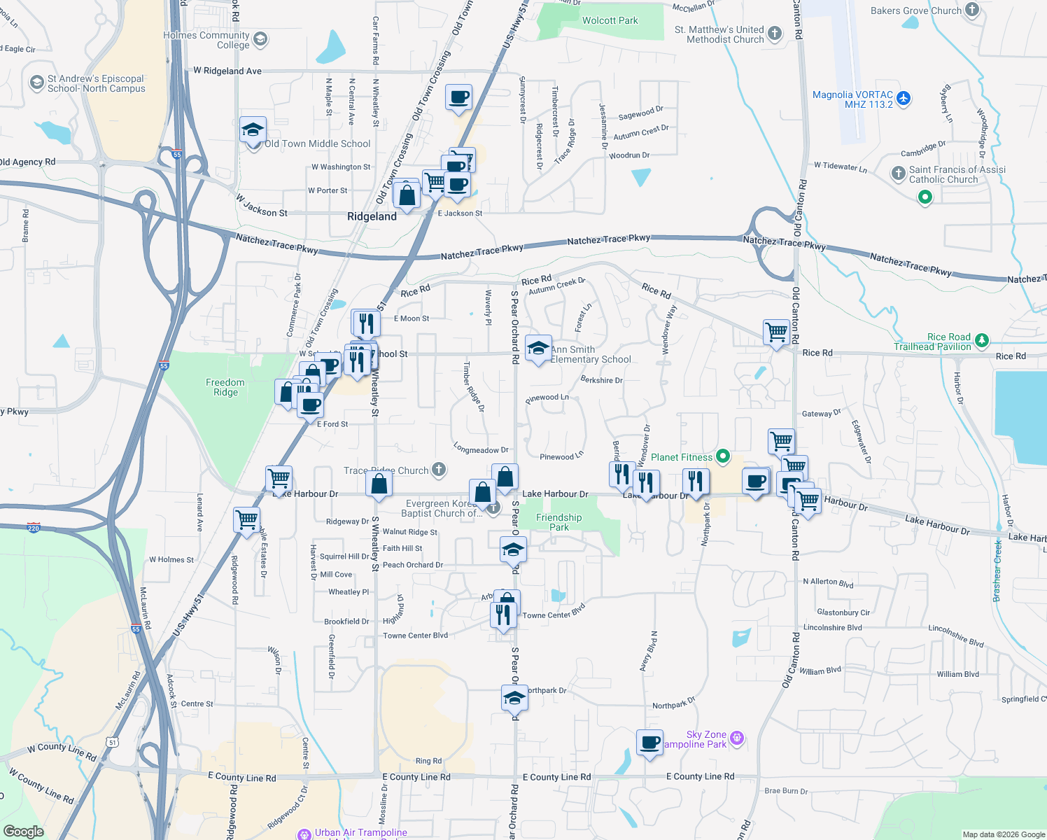 map of restaurants, bars, coffee shops, grocery stores, and more near 303 Pinewood Ln in Ridgeland