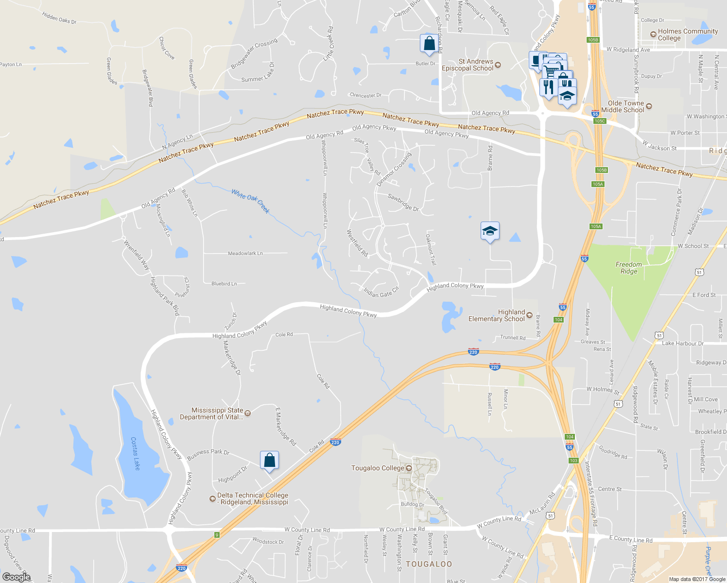 map of restaurants, bars, coffee shops, grocery stores, and more near 300 White Oak Landing in Ridgeland
