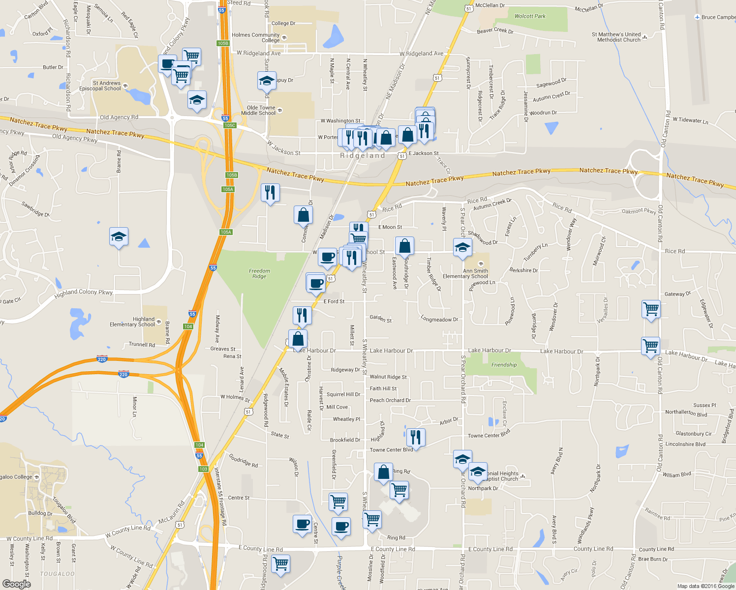 map of restaurants, bars, coffee shops, grocery stores, and more near 390 South Wheatley Street in Ridgeland