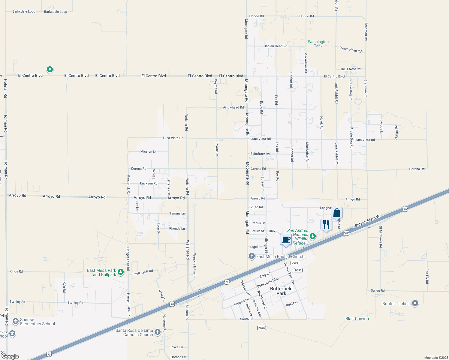 map of restaurants, bars, coffee shops, grocery stores, and more near 6580 Coyote Road in Las Cruces