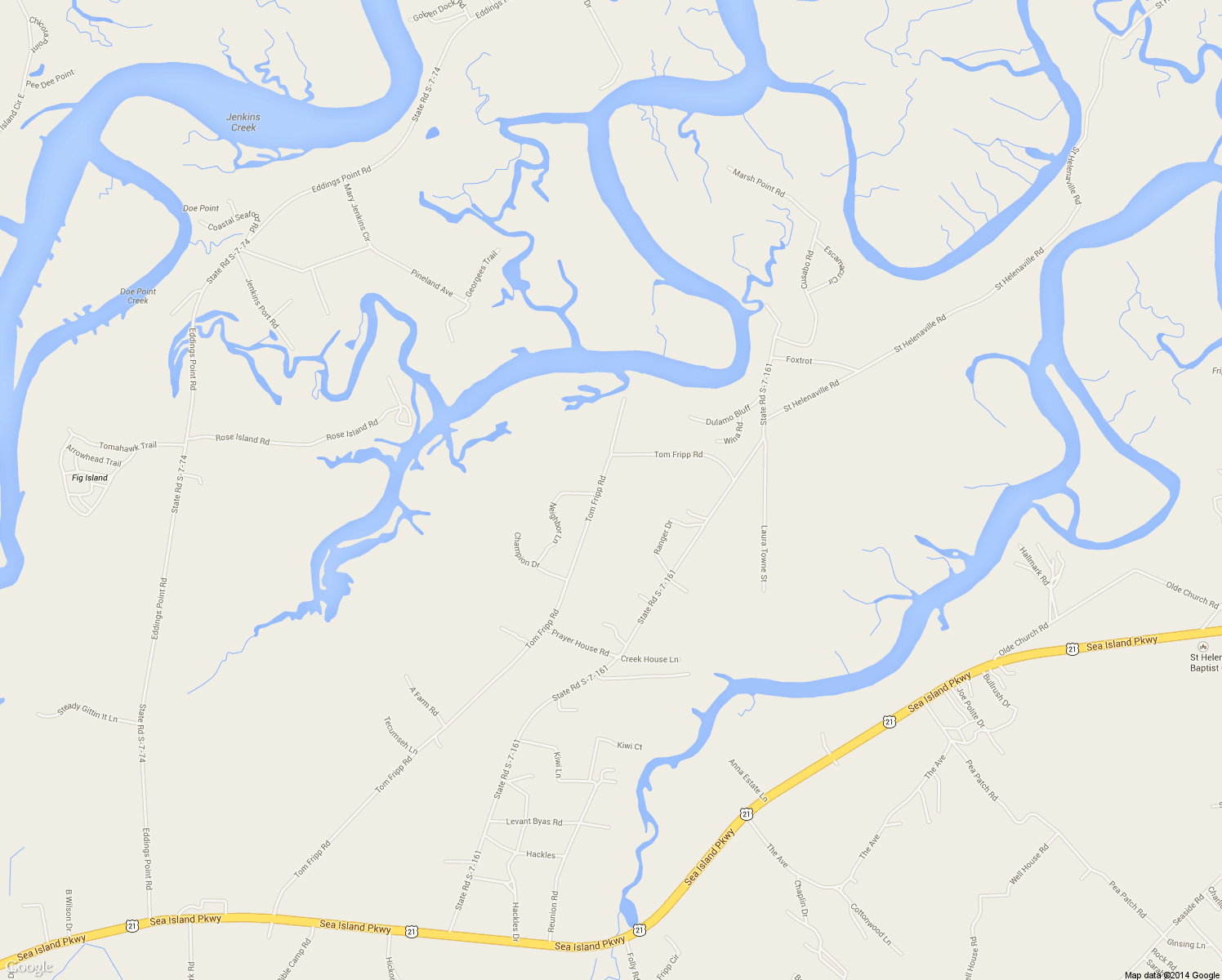 map of restaurants, bars, coffee shops, grocery stores, and more near 282 Tom Fripp Road in Saint Helena Island