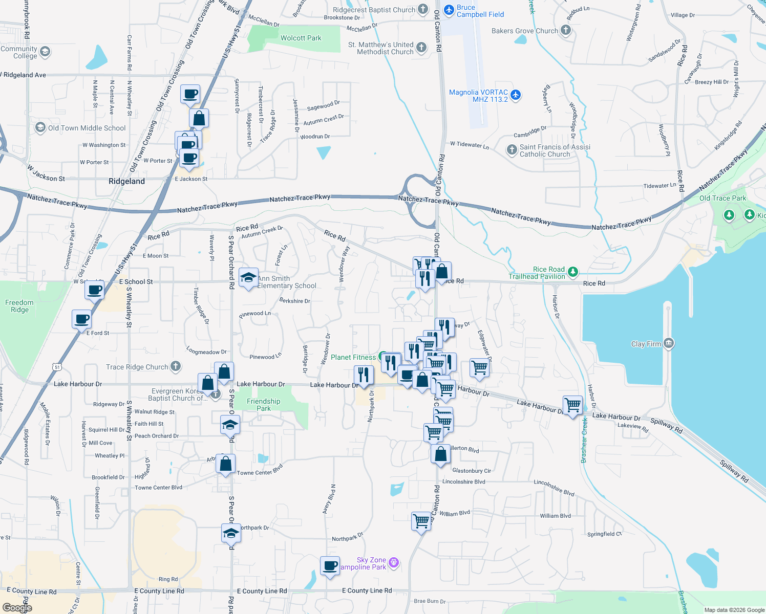 map of restaurants, bars, coffee shops, grocery stores, and more near 614 Sawpine Lane in Ridgeland