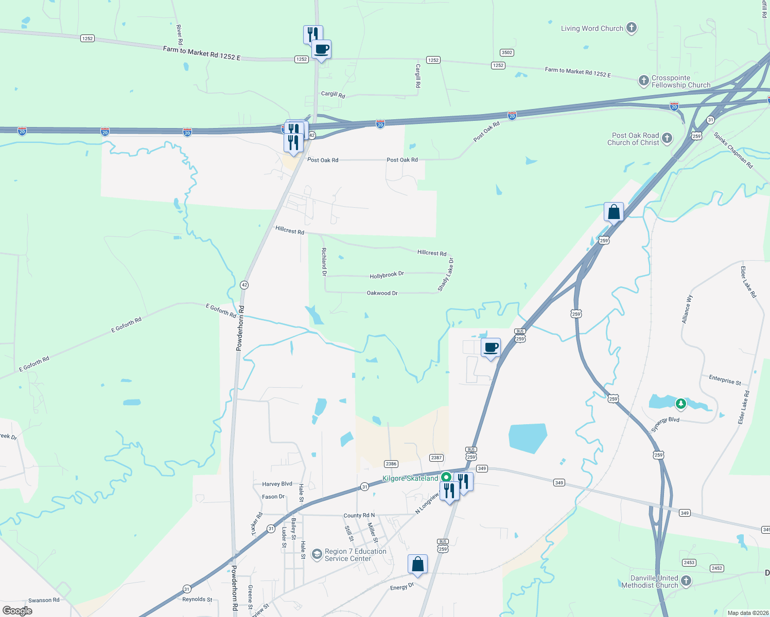 map of restaurants, bars, coffee shops, grocery stores, and more near 390 Oakwood Dr in Kilgore