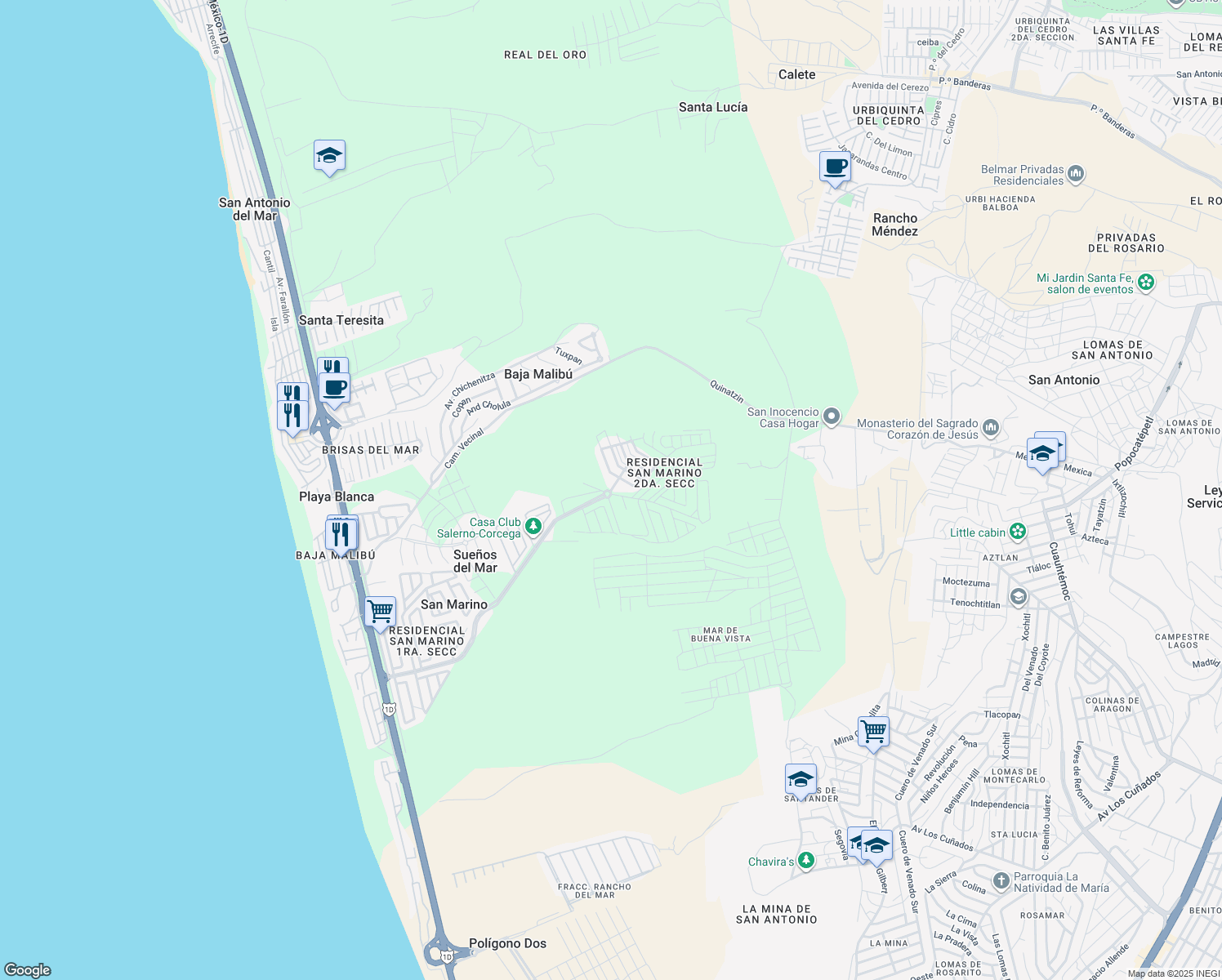 map of restaurants, bars, coffee shops, grocery stores, and more near KM 23.5 Escenica Tijuana-Ensenada in Tijuana