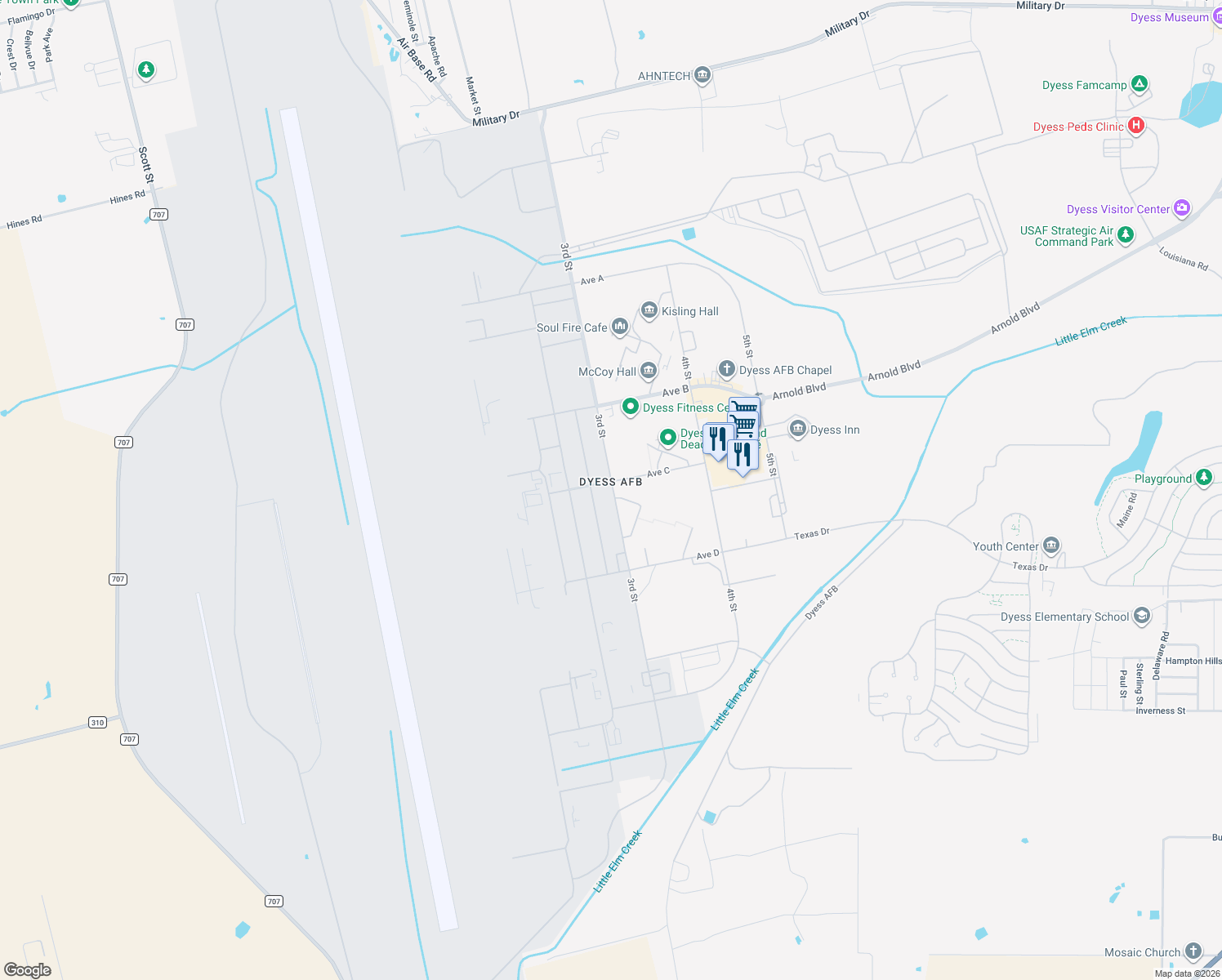 map of restaurants, bars, coffee shops, grocery stores, and more near 3rd Street in Dyess Air Force Base