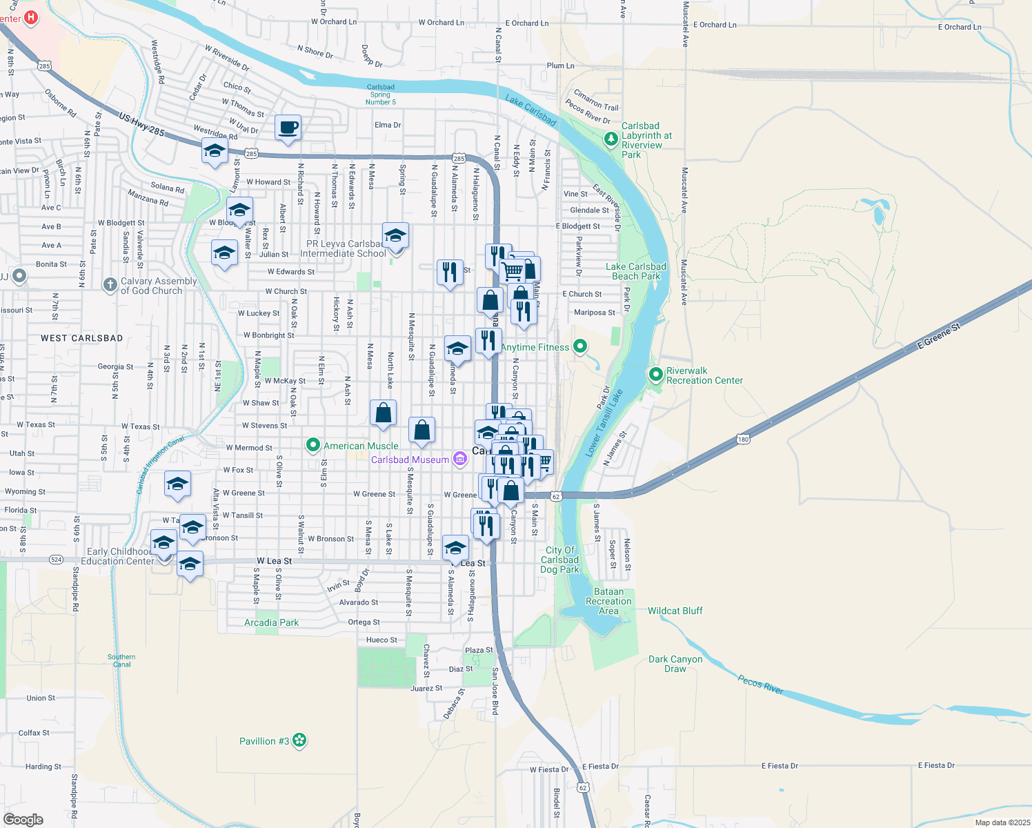 map of restaurants, bars, coffee shops, grocery stores, and more near 210 North Canyon Street in Carlsbad