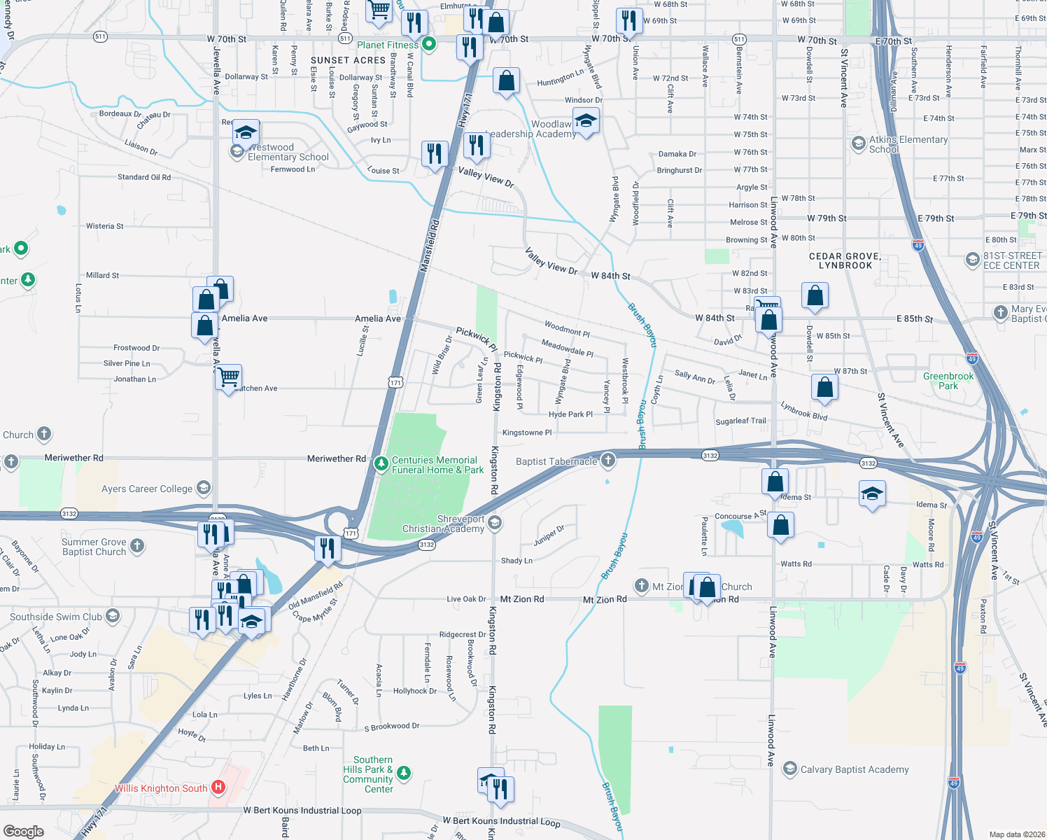 map of restaurants, bars, coffee shops, grocery stores, and more near 742 Hyde Park Place in Shreveport