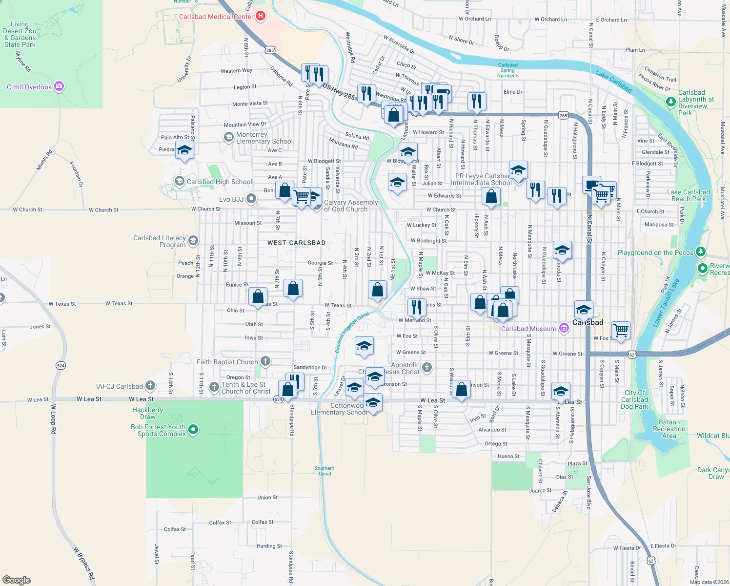 map of restaurants, bars, coffee shops, grocery stores, and more near 201 N 2nd St in Carlsbad