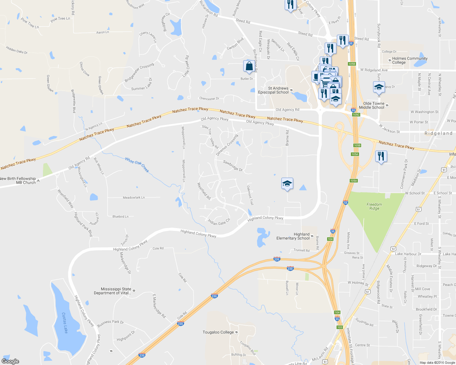 map of restaurants, bars, coffee shops, grocery stores, and more near 205 Bellewether Pass in Ridgeland